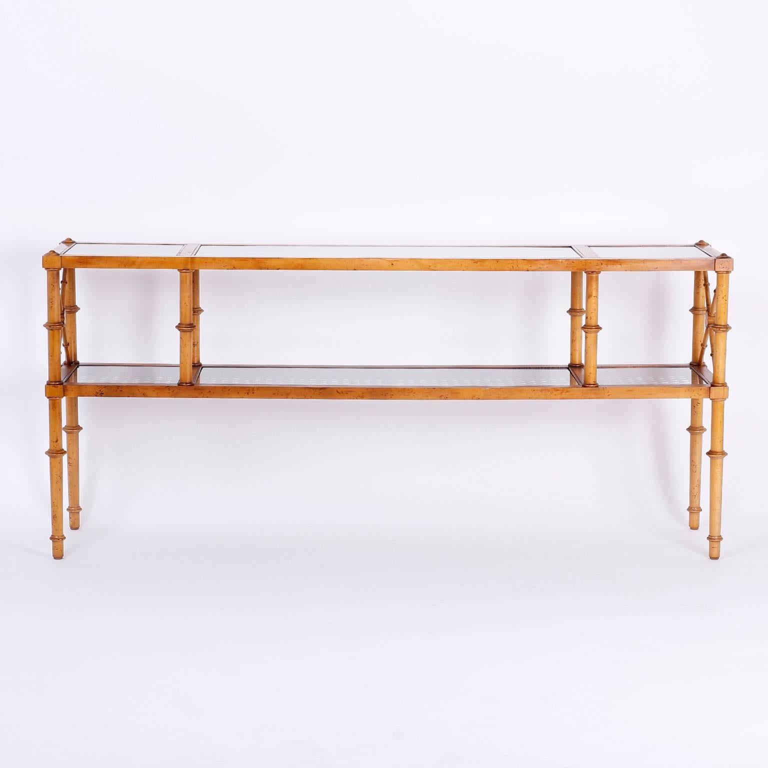 American Regency Style Faux Bamboo Two-Tiered Cane Top Table or Console