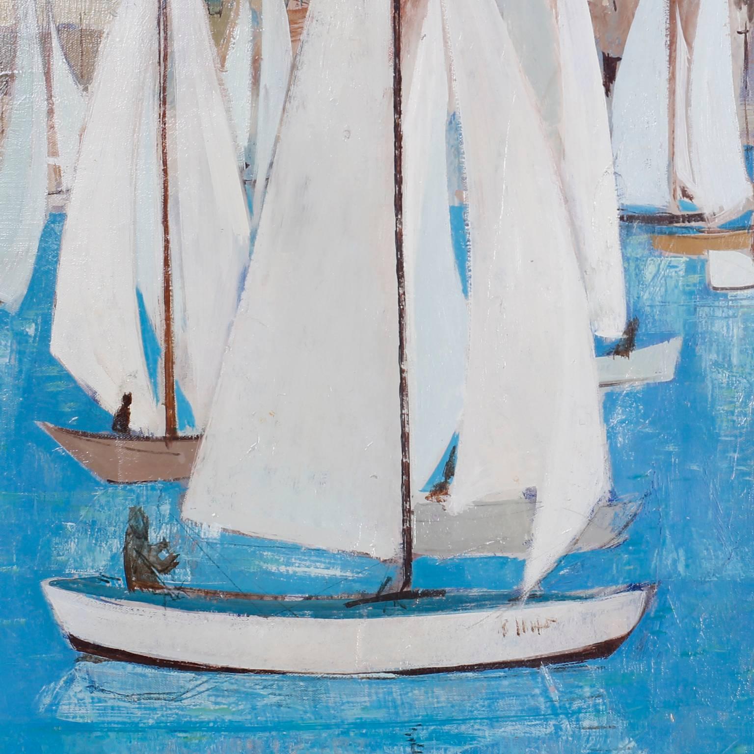 French Mid-Century Modern Oil Painting on Canvas Depicting a Sailboat Race