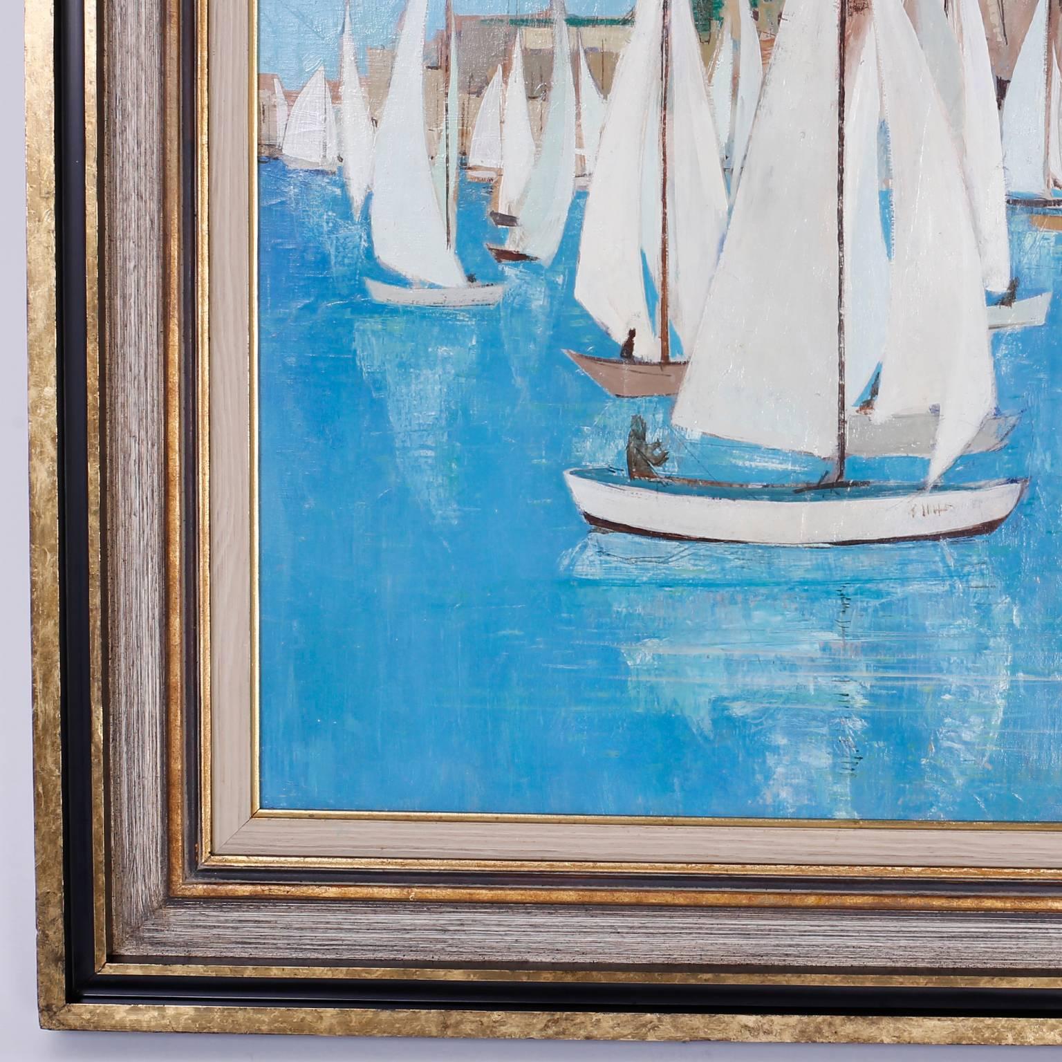 20th Century Mid-Century Modern Oil Painting on Canvas Depicting a Sailboat Race