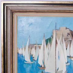 Mid-Century Modern Oil Painting on Canvas Depicting a Sailboat Race