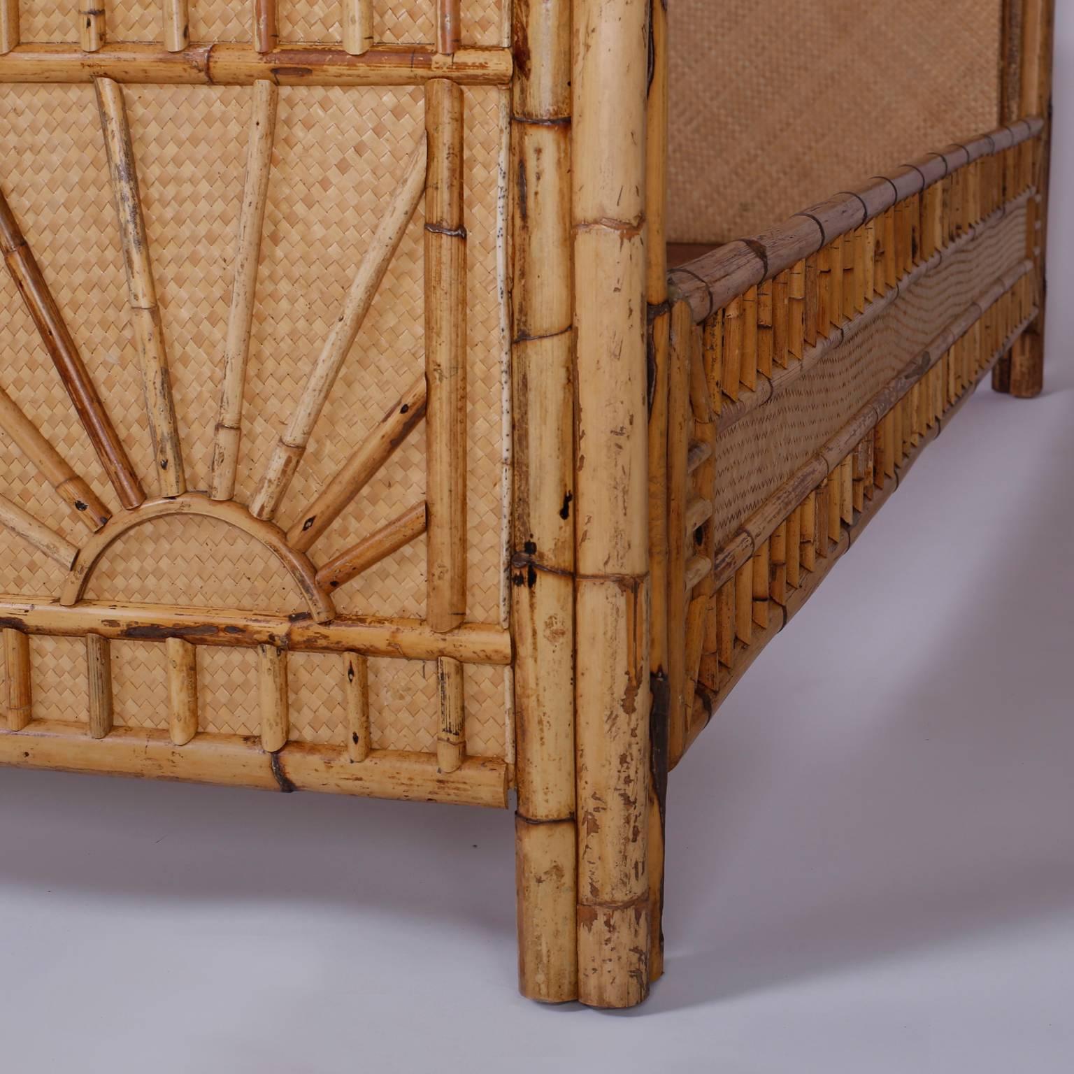Mid-Century Queen-Size Bamboo and Grasscloth Canopy Bed In Excellent Condition In Palm Beach, FL