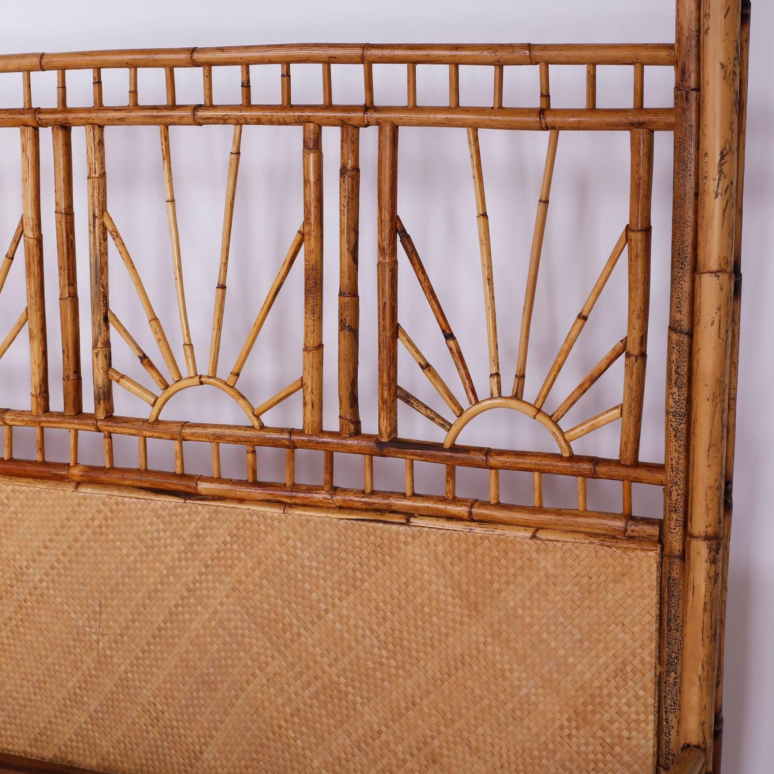 Chinoiserie Mid-Century Queen-Size Bamboo and Grasscloth Canopy Bed