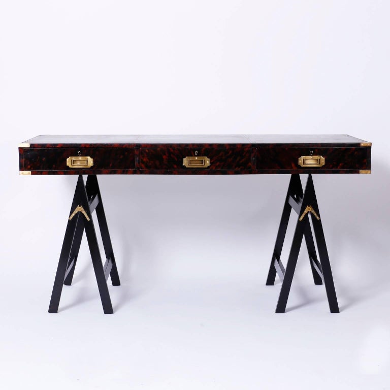 19th Century English Campaign Style Desk With A Faux Tortoise S 19th Century English Campaign Desk With A Green Tooled Leather Top On Three Drawer Case