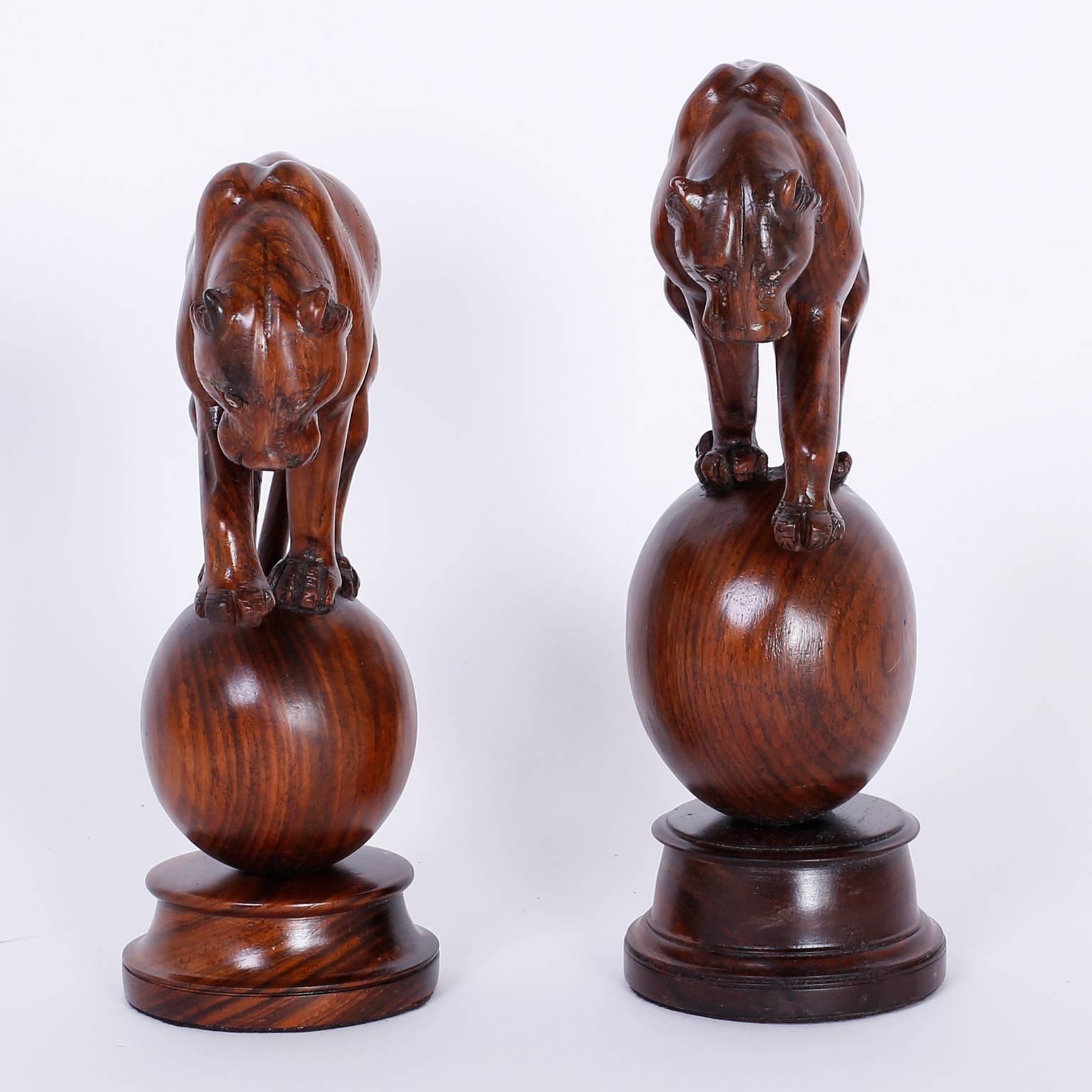 20th Century Pair of Anglo-Indian Mahogany Tiger Sculptures