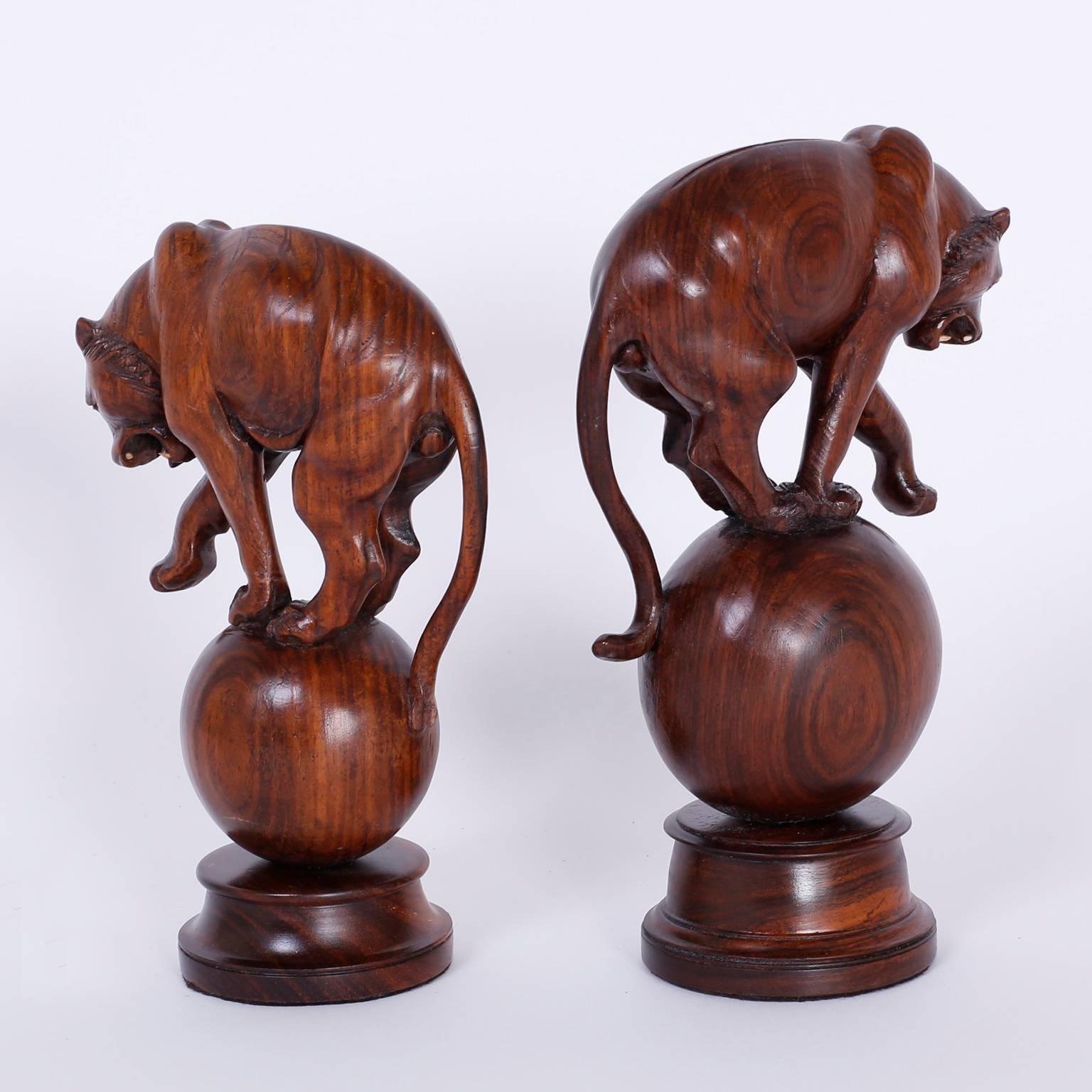 Pair of Anglo-Indian Mahogany Tiger Sculptures In Good Condition In Palm Beach, FL