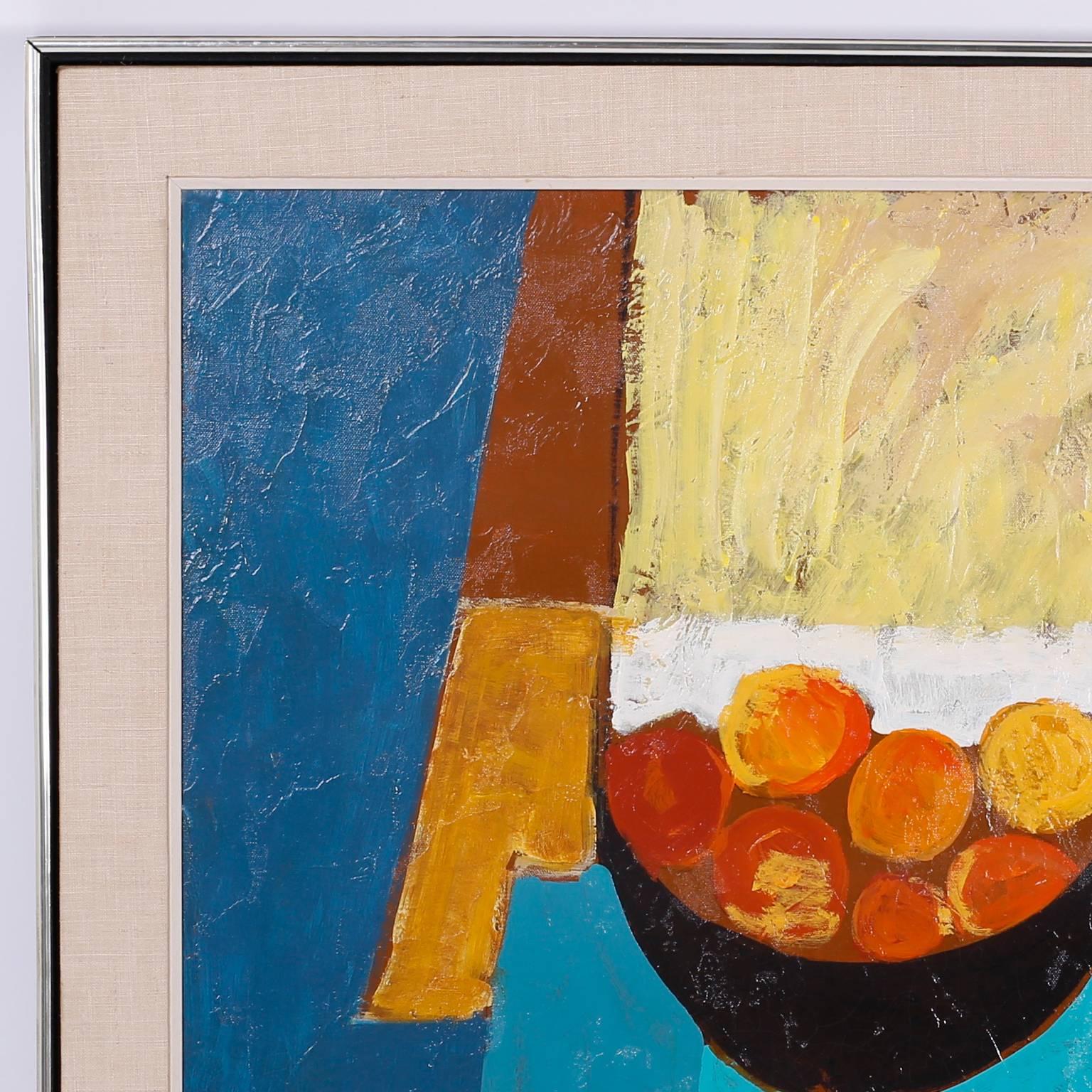 Midcentury oil painting on canvas with an adept use of bold colors and a joyous spirit. The Classic still life genre re-invented over century is well represented here as a modernist contribution. Signed Foy in the lower right.