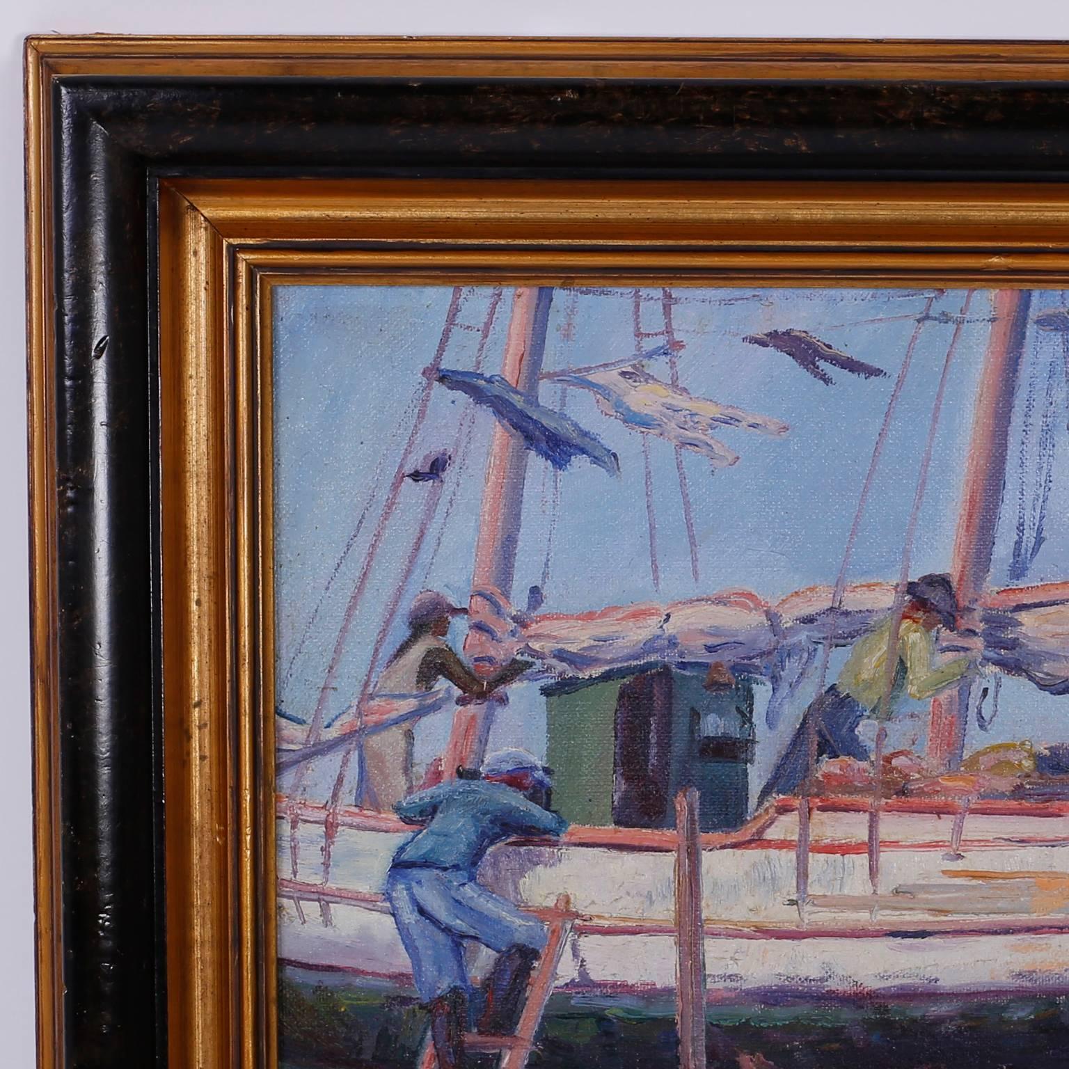 Dans la tradition des impressionnistes des années 1930, voici une peinture de H. A. Burnham représentant une scène portuaire, avec des coups de pinceau assurés et une palette tropicale saisissante. Cette peinture à l'huile capture l'esprit simple de