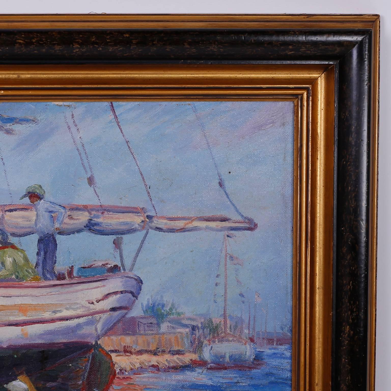 Vintage Impressionist Oil Painting of a Harbor Scene In Good Condition For Sale In Palm Beach, FL