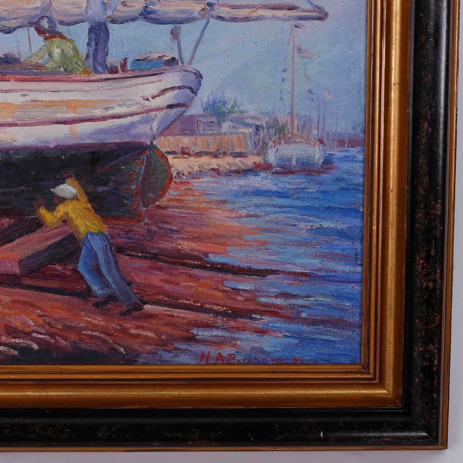 Vintage Impressionist Oil Painting of a Harbor Scene For Sale 1