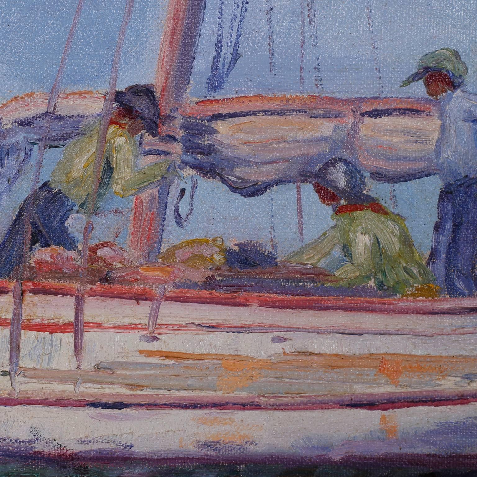 Caribbean Vintage Impressionist Oil Painting of a Harbor Scene For Sale