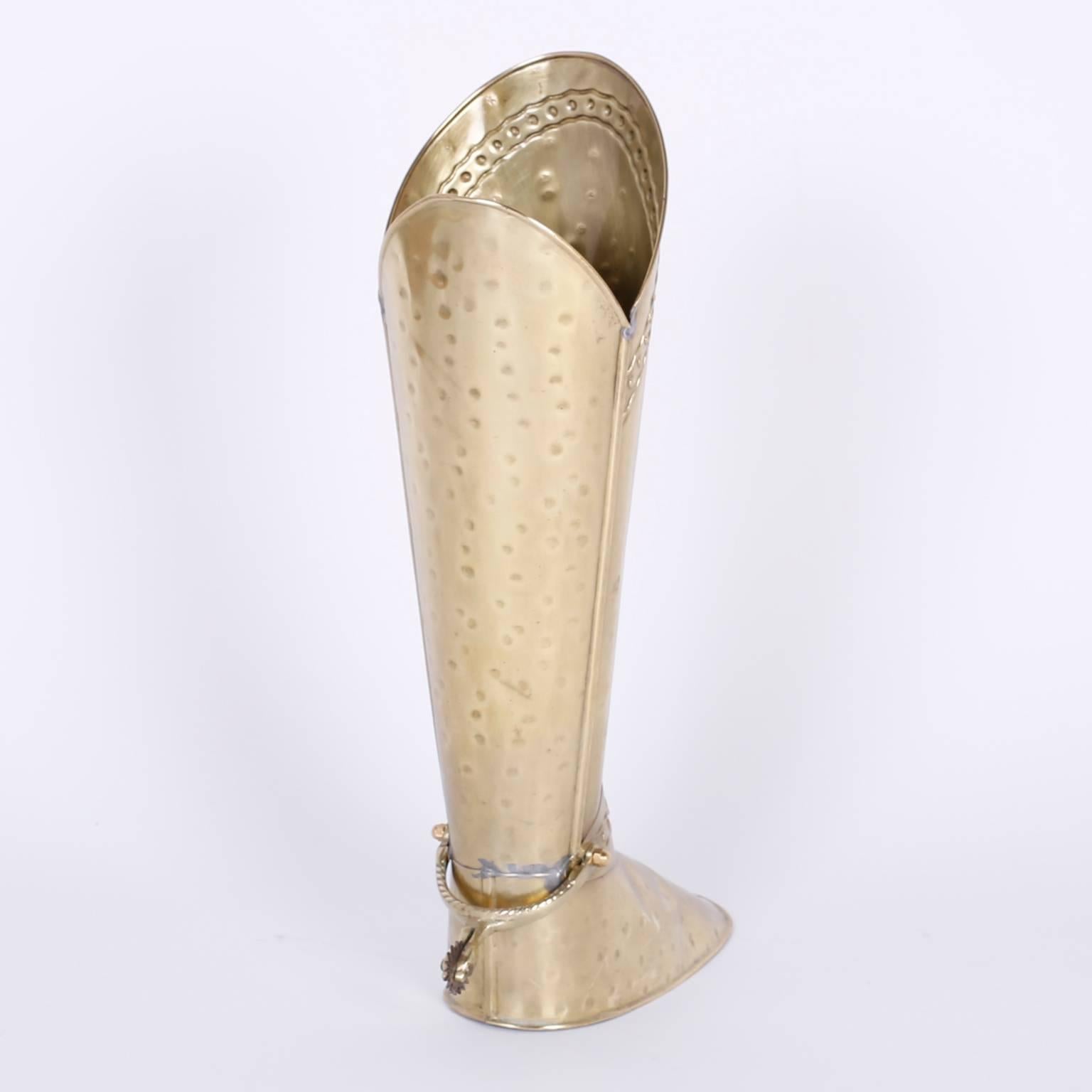 English Mid-Century Modern Hand-Hammered Brass Boot Umbrella Stand For Sale
