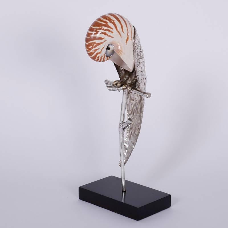 Two Mid-Century Nautllus Shell Parrot Sculptures In Good Condition In Palm Beach, FL