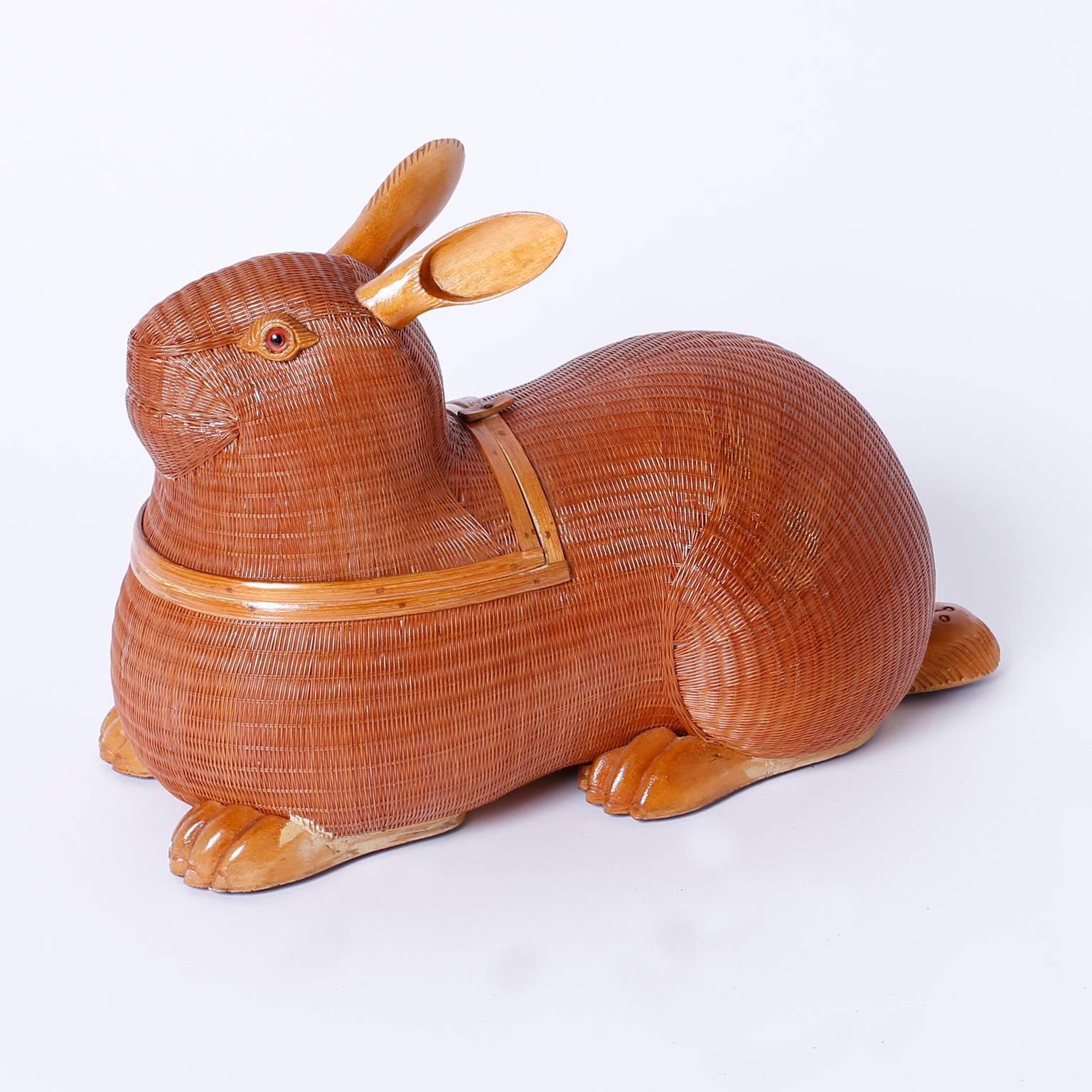Folk Art Mid-Century Wicker and Wood Rabbit Sculpture or Box
