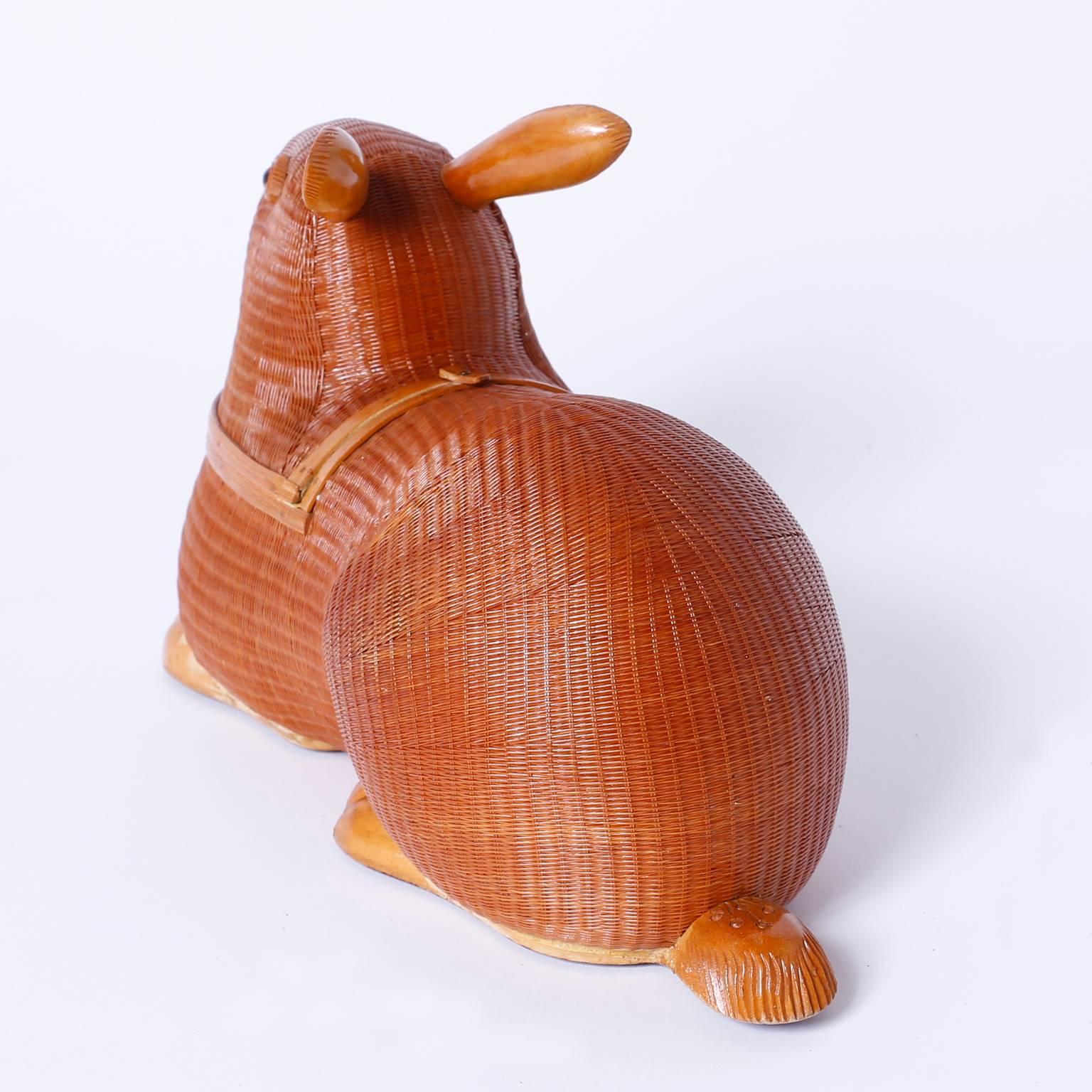 Chinese Mid-Century Wicker and Wood Rabbit Sculpture or Box