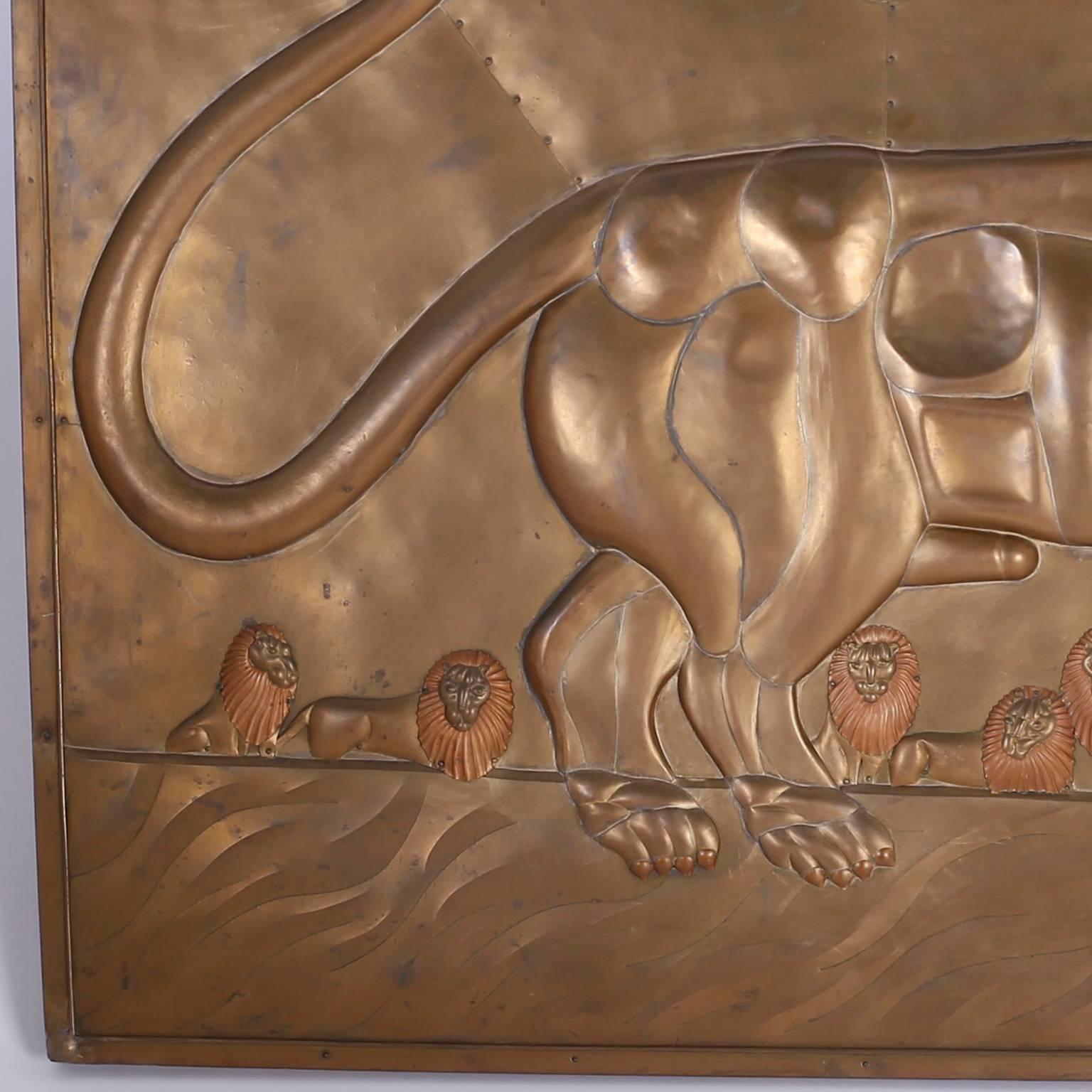 Sergio Bustamante Brass Plaque with Lions In Excellent Condition In Palm Beach, FL