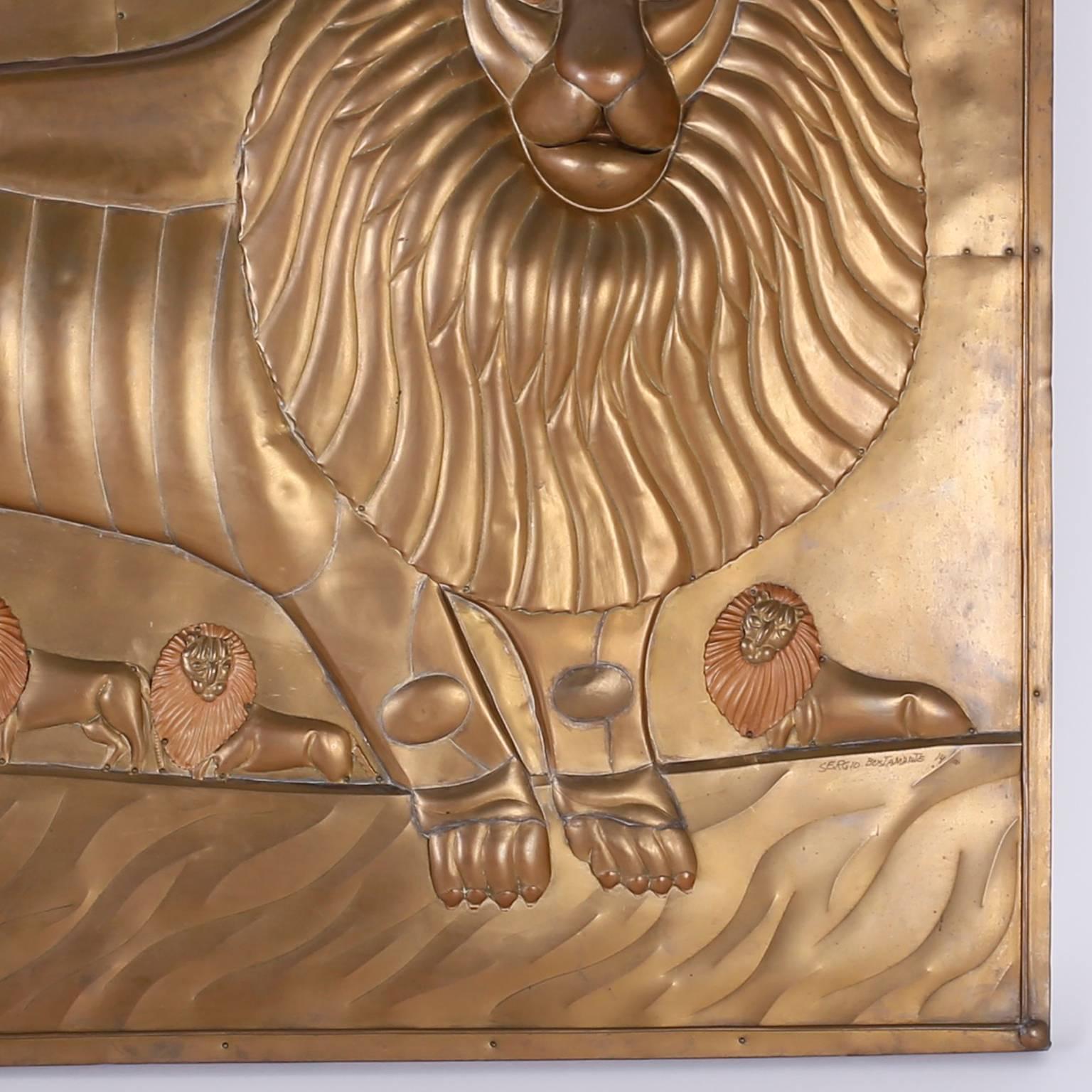 Mexican Sergio Bustamante Brass Plaque with Lions