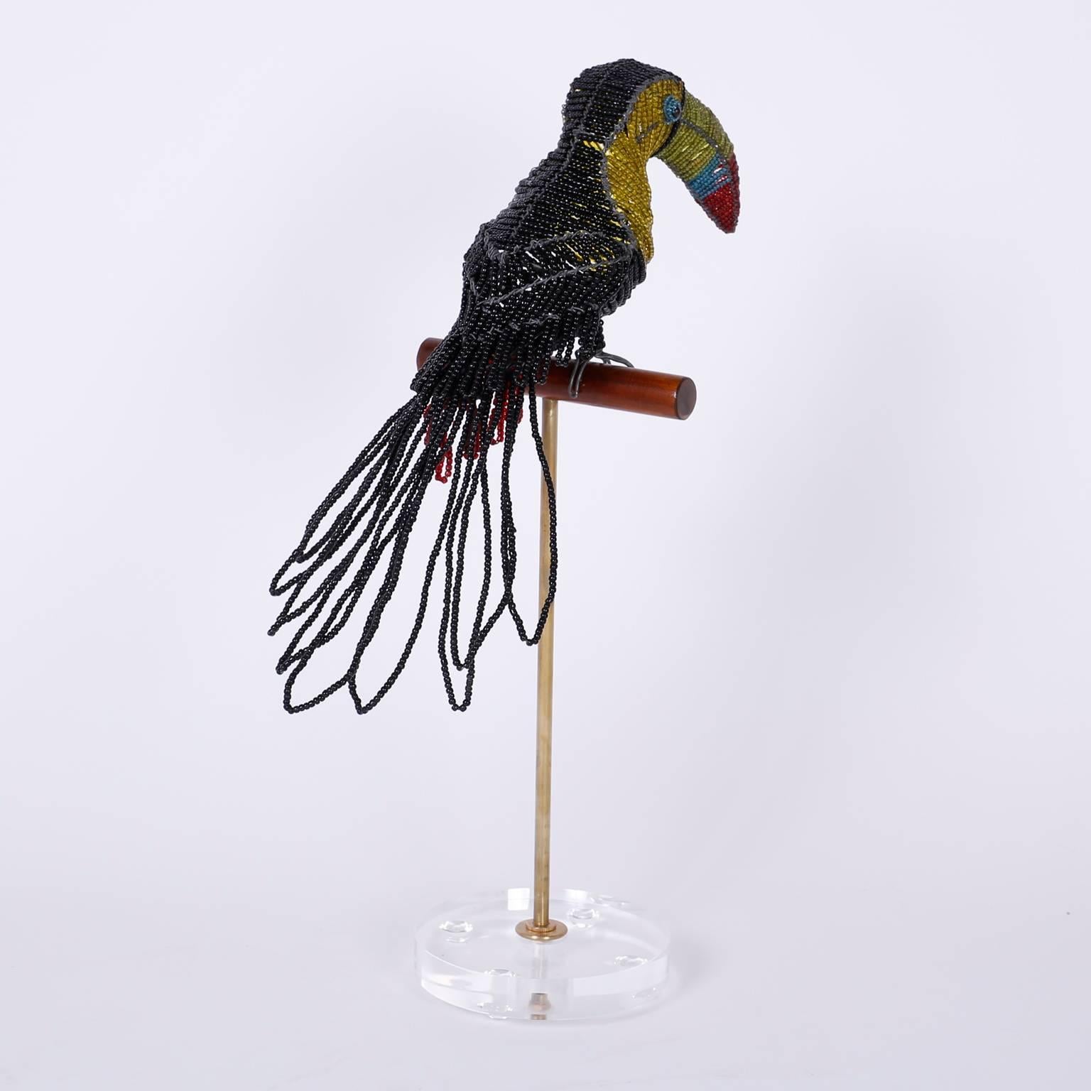 American Mid-Century Tropical Glass Bead Toucan Sculpture For Sale