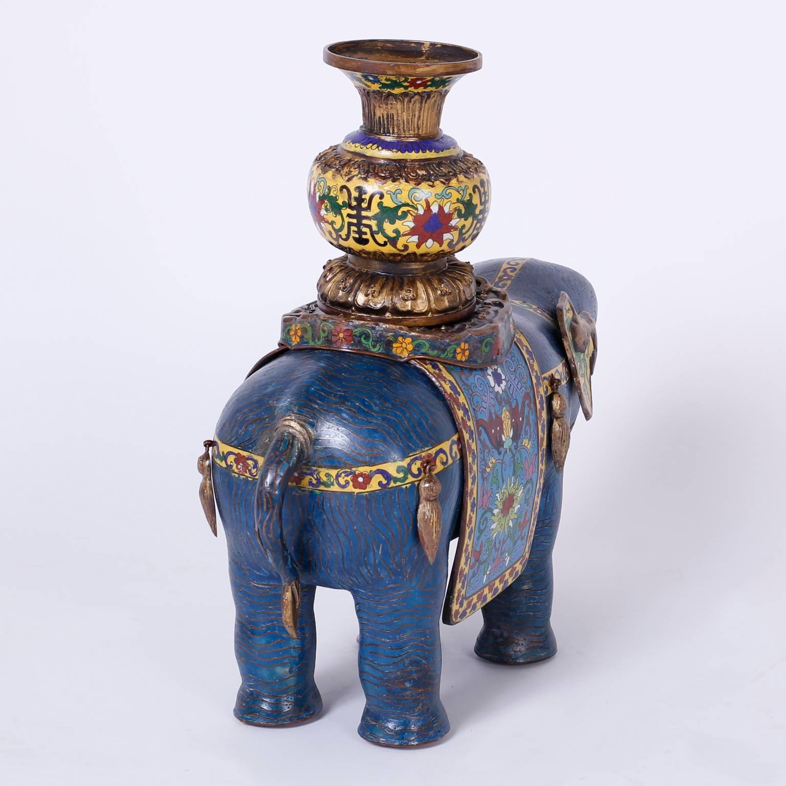 Chinoiserie Pair of Vintage Cloisonné Elephant Sculptures or Planters