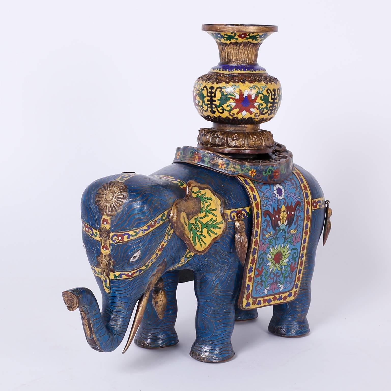 Chinese Pair of Vintage Cloisonné Elephant Sculptures or Planters