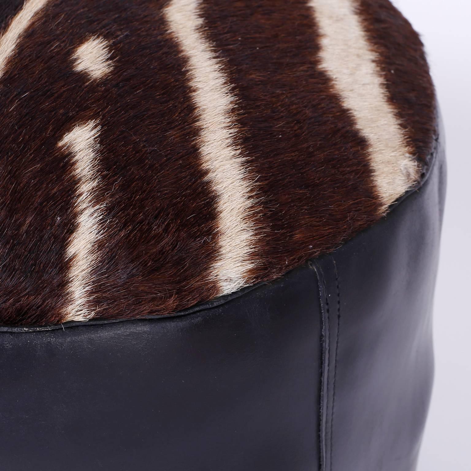 Mid-Century Modern Midcentury Zebra Hide and Leather Foot Stool or Hassock