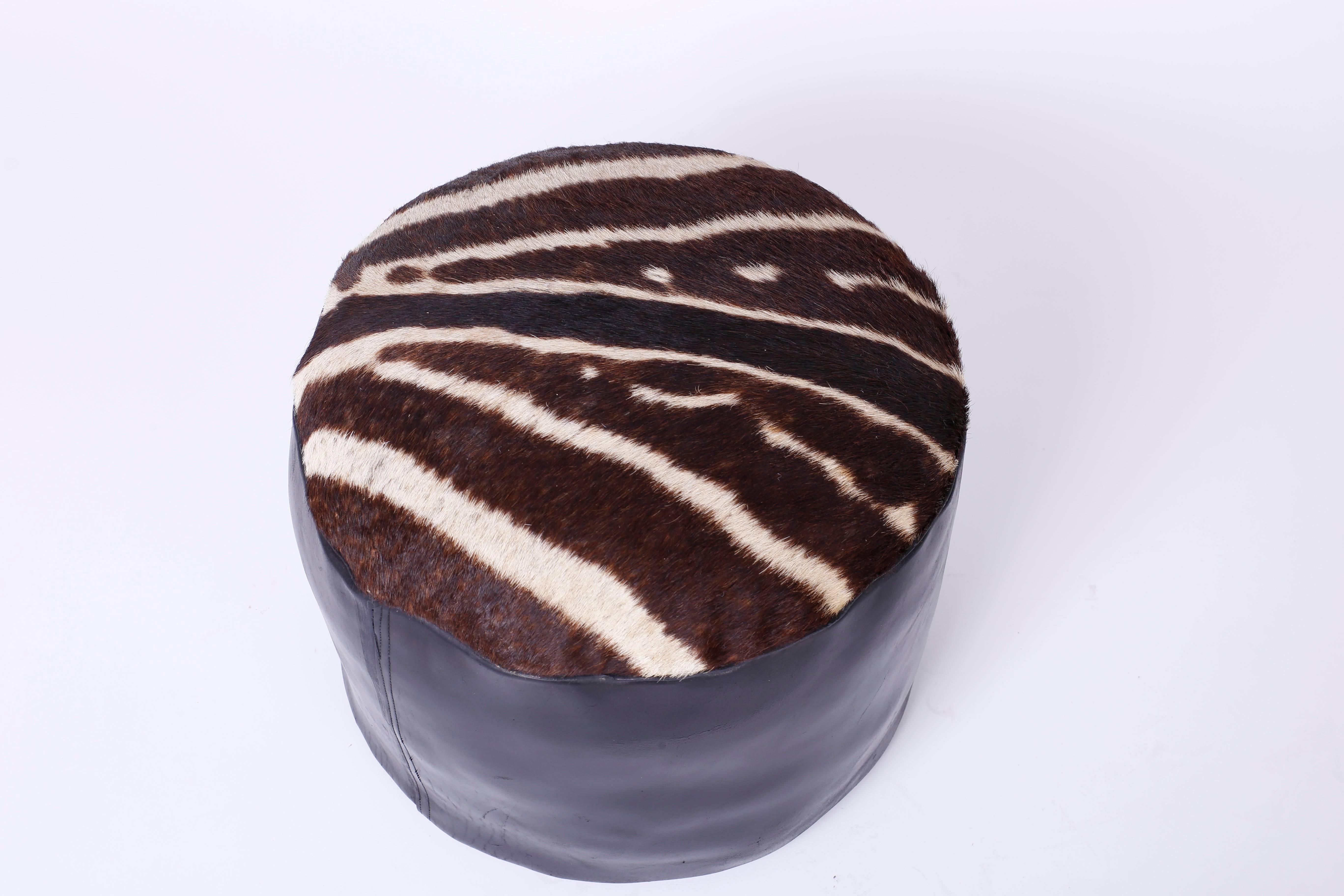 Italian Midcentury Zebra Hide and Leather Foot Stool or Hassock