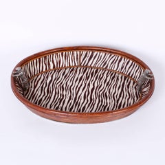 British Colonial Rattan Serving Tray or Basket with Tiger Handles