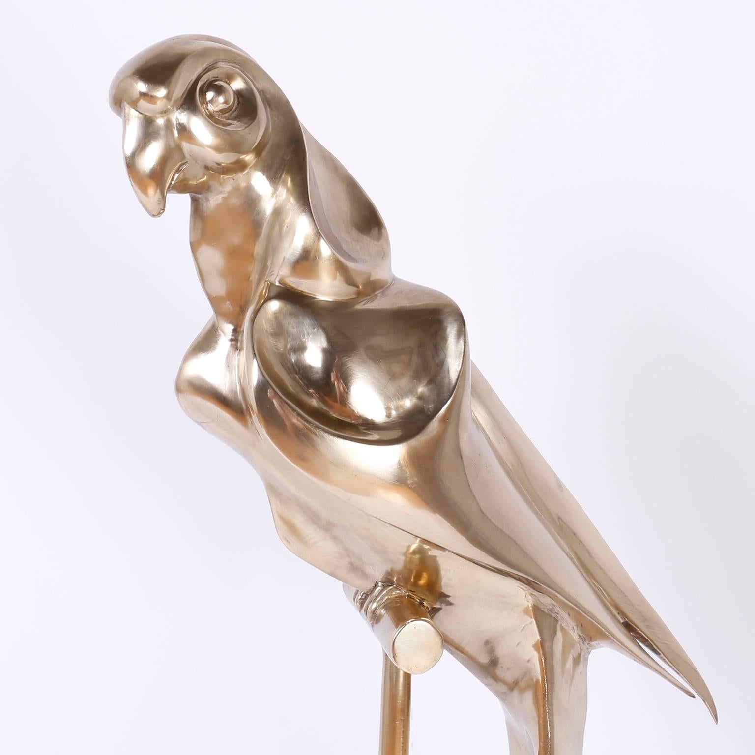 Italian Art Deco Cast Brass Macaw Bird Sculpture For Sale