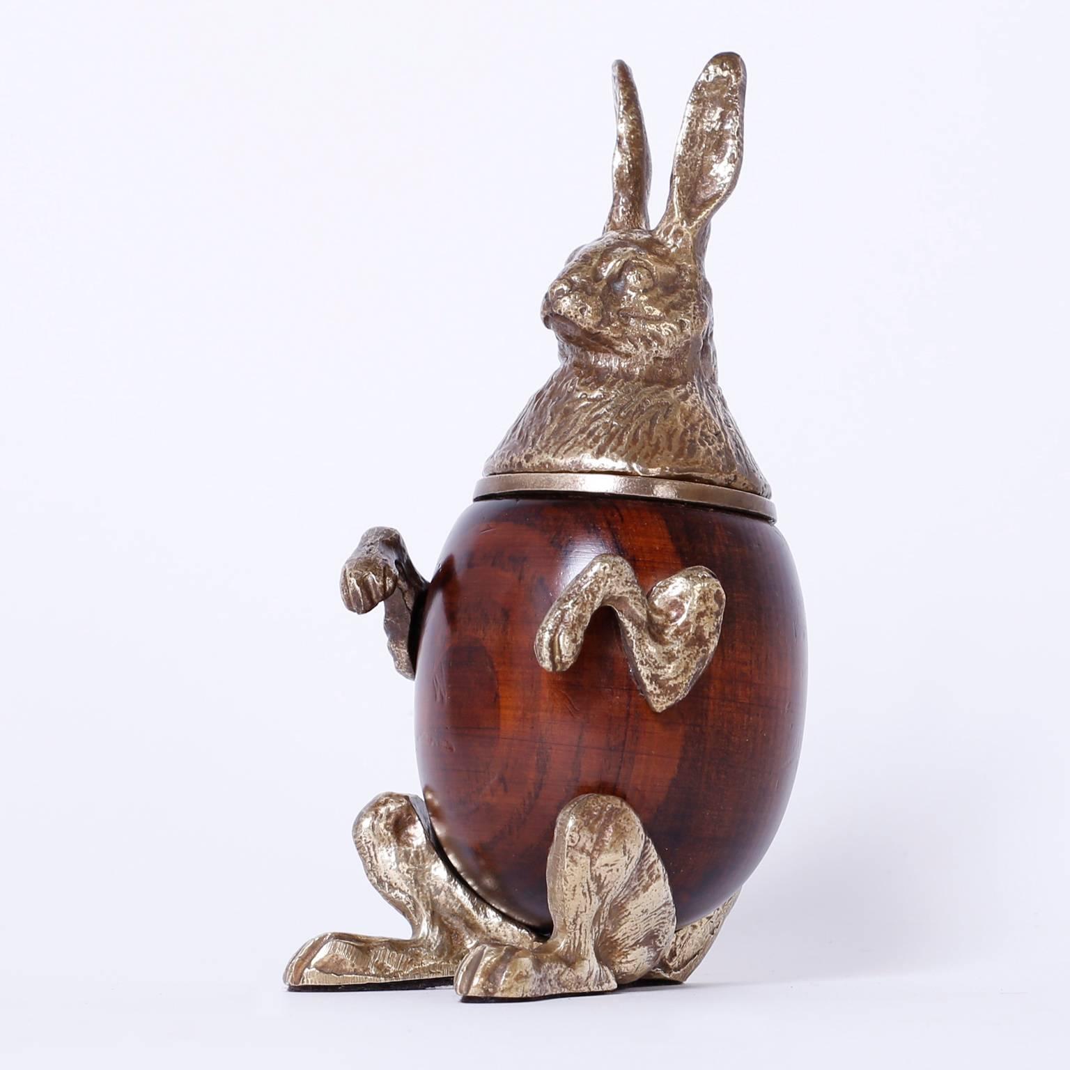 Amusing brass and wood rabbit box that has a surprising lidded head that opens to a secret compartment. Signed Arthur Court 1980 on a foot.