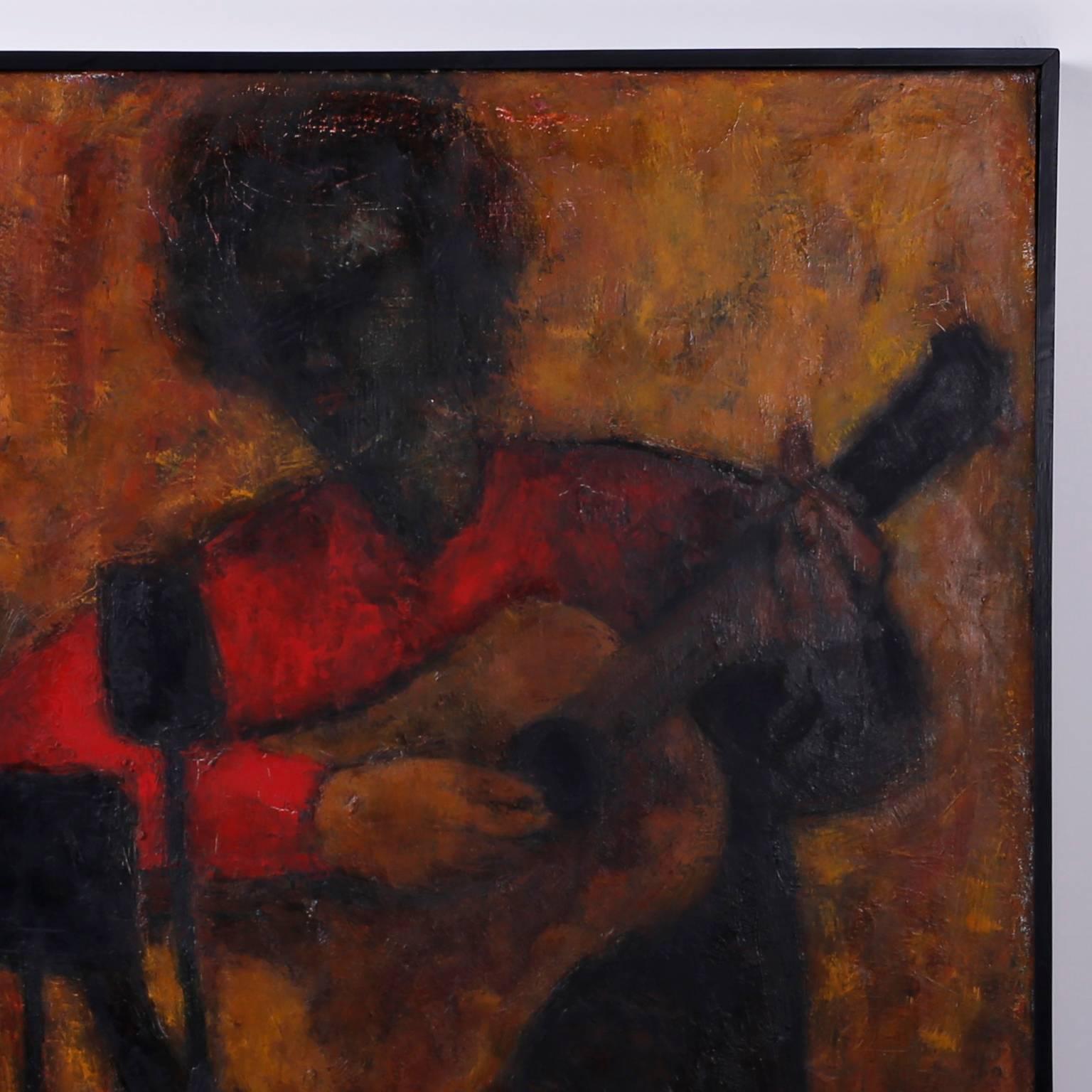 Mysterious, dreamy painting on canvas of three musicians playing a mandolin, a banjo, and a guitar. Painted with a powerful palette that suggests a passionate involvement with the music. Signed sideways in the lower right Dushsnen Juin 1964.