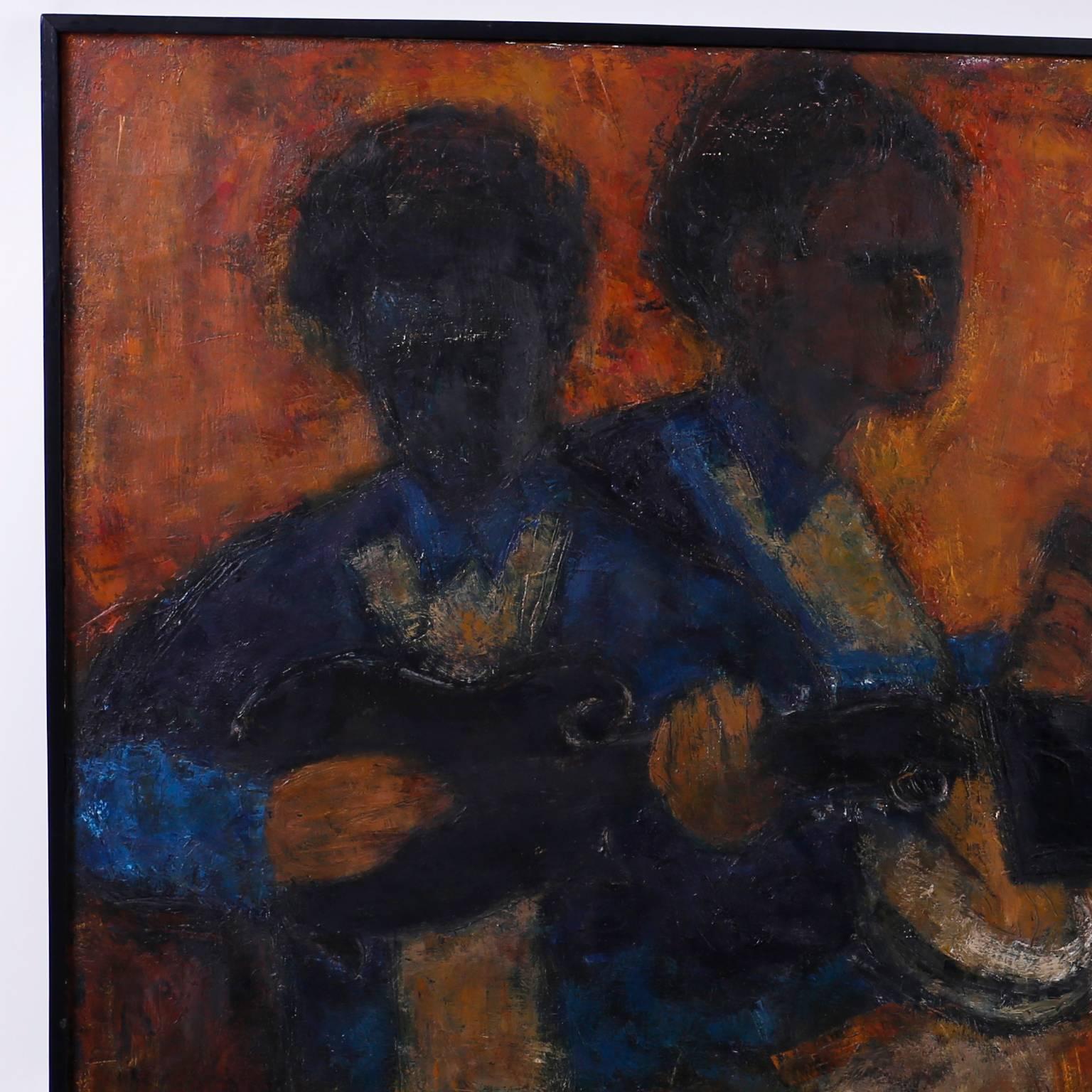 Mid-Century Modern Mid-Century Impressionist Acrylic Painting on Canvas of Musicians For Sale