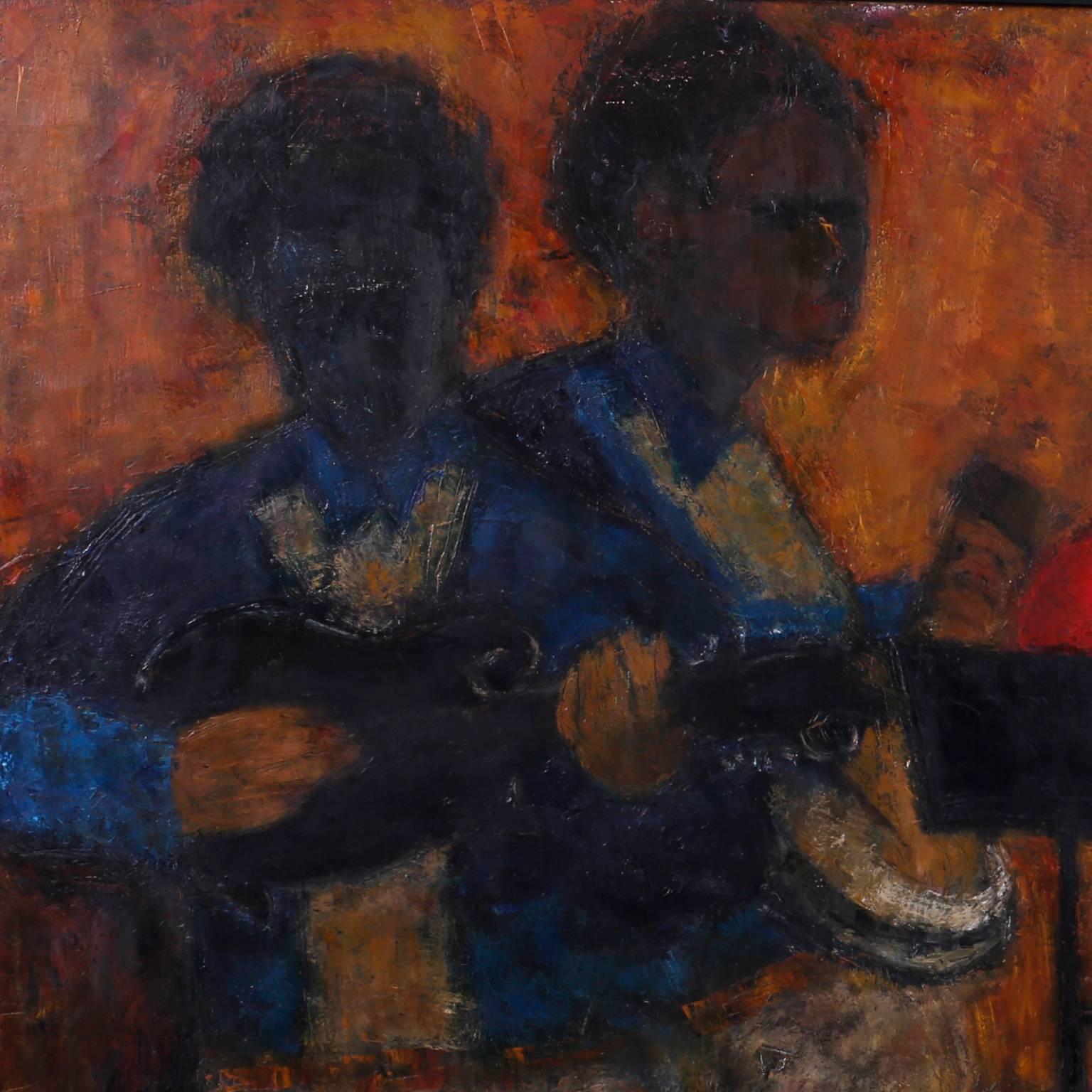 Mid-Century Impressionist Acrylic Painting on Canvas of Musicians In Good Condition For Sale In Palm Beach, FL