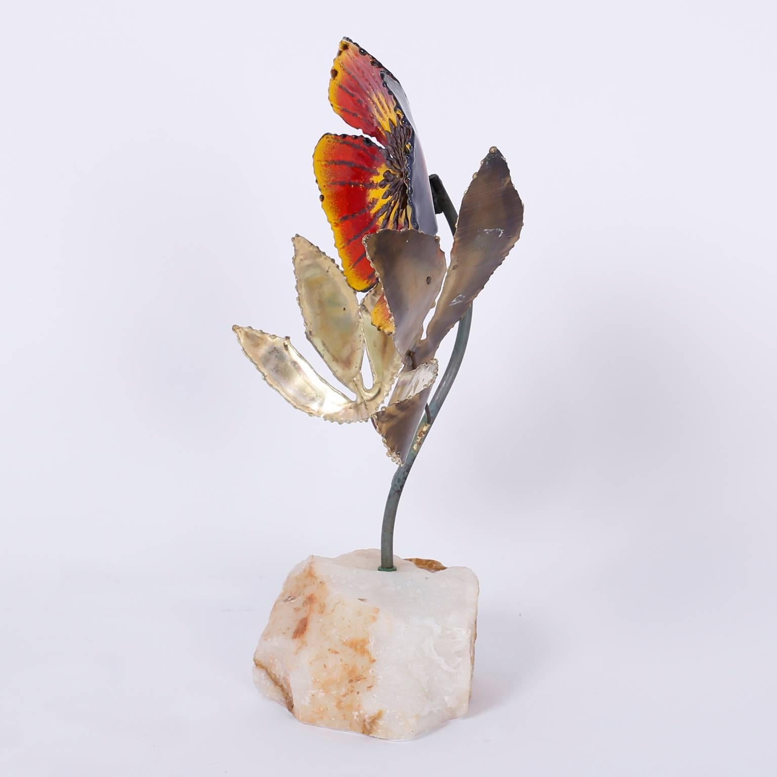 20th Century Mid-Century Modern Brass and Geode Flower Sculpture