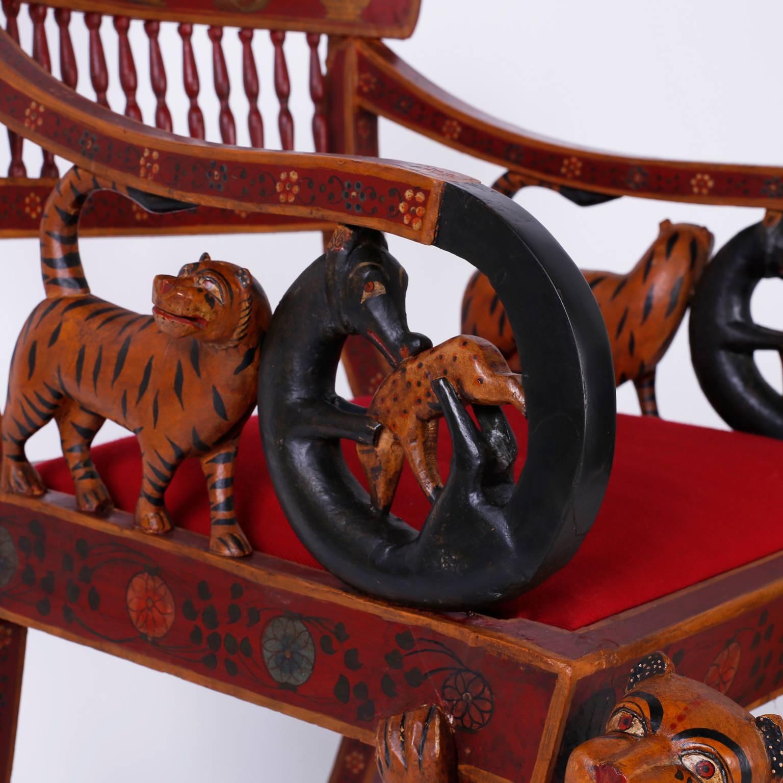 Rare Indian Carved Three-Piece Salon Suite with a Bench and Two Chairs In Good Condition For Sale In Palm Beach, FL