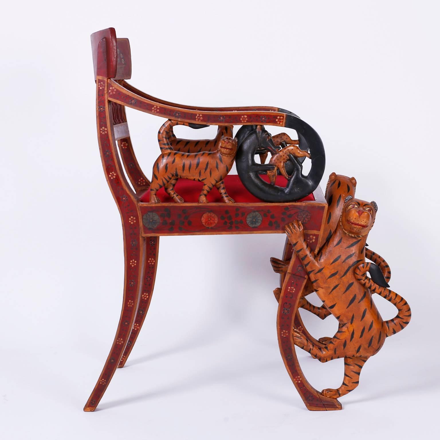 20th Century Rare Indian Carved Three-Piece Salon Suite with a Bench and Two Chairs For Sale