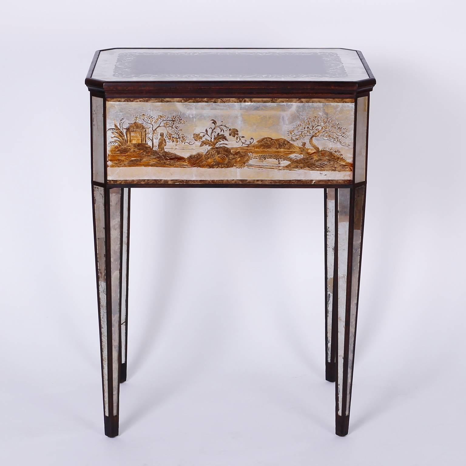 Pair of Italian Mirrored Nightstands or End Tables with a Chinoiserie Motif In Excellent Condition In Palm Beach, FL