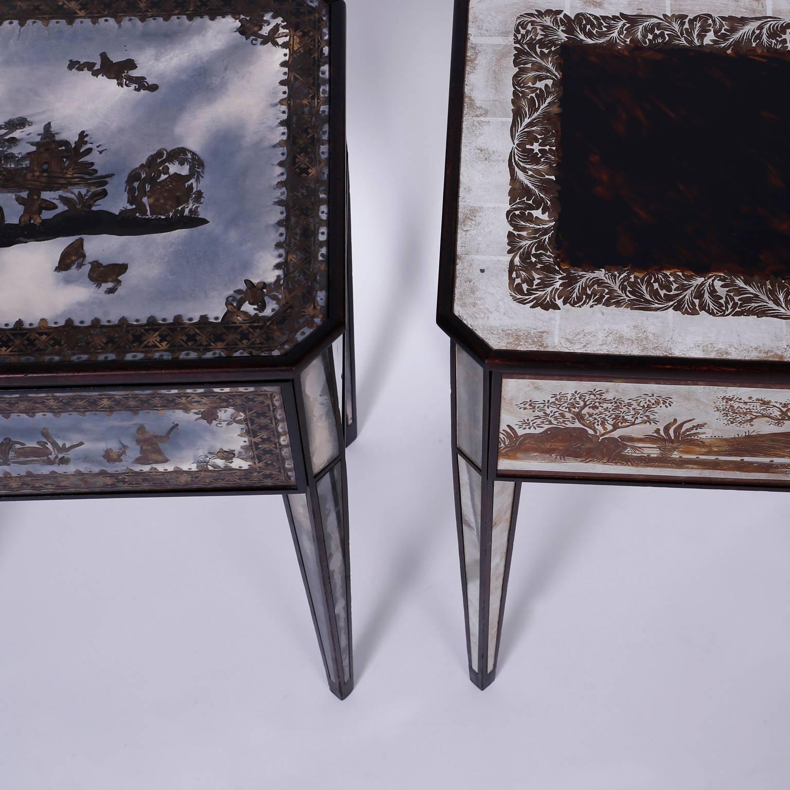 Pair of Italian Mirrored Nightstands or End Tables with a Chinoiserie Motif 1