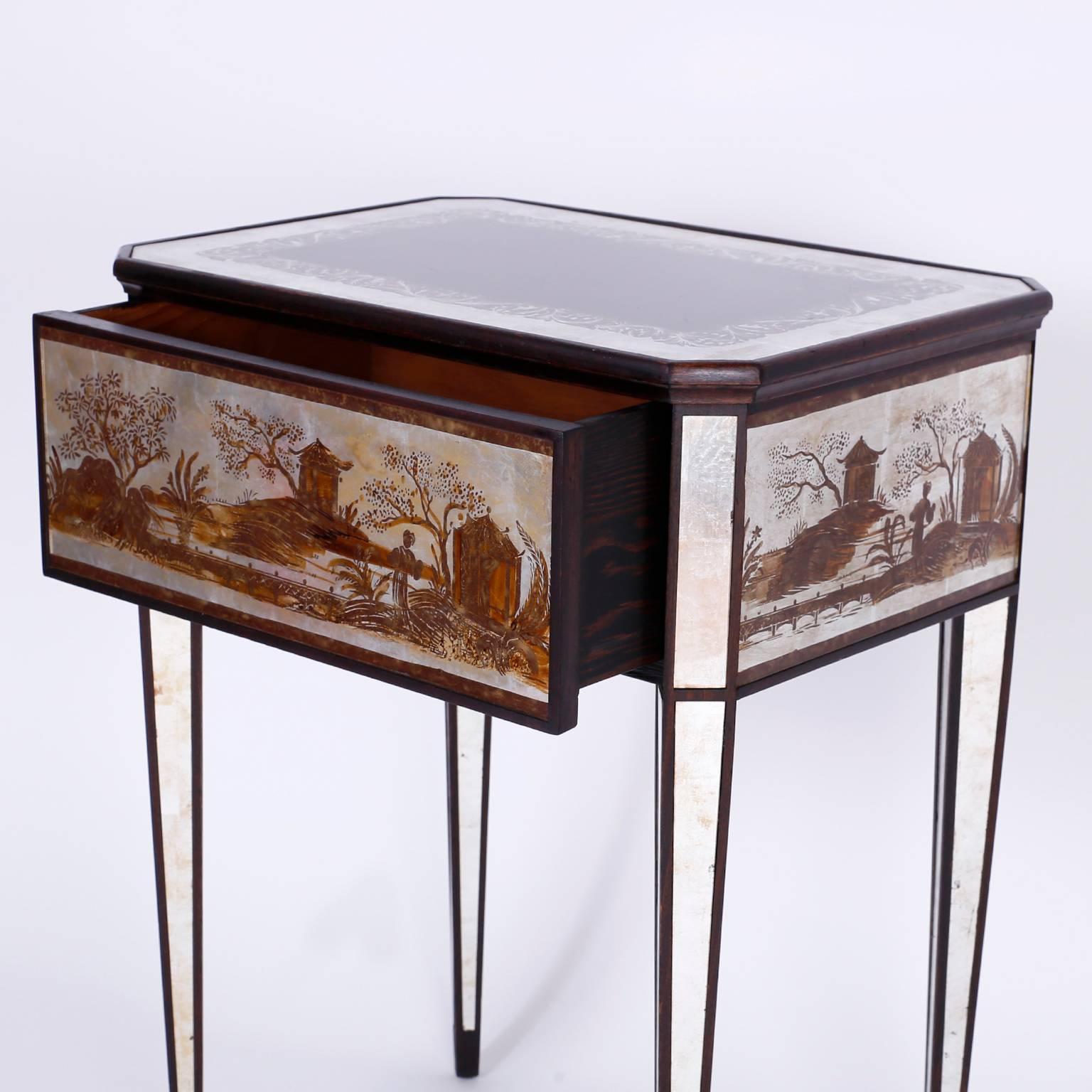 Pair of Italian Mirrored Nightstands or End Tables with a Chinoiserie Motif 2