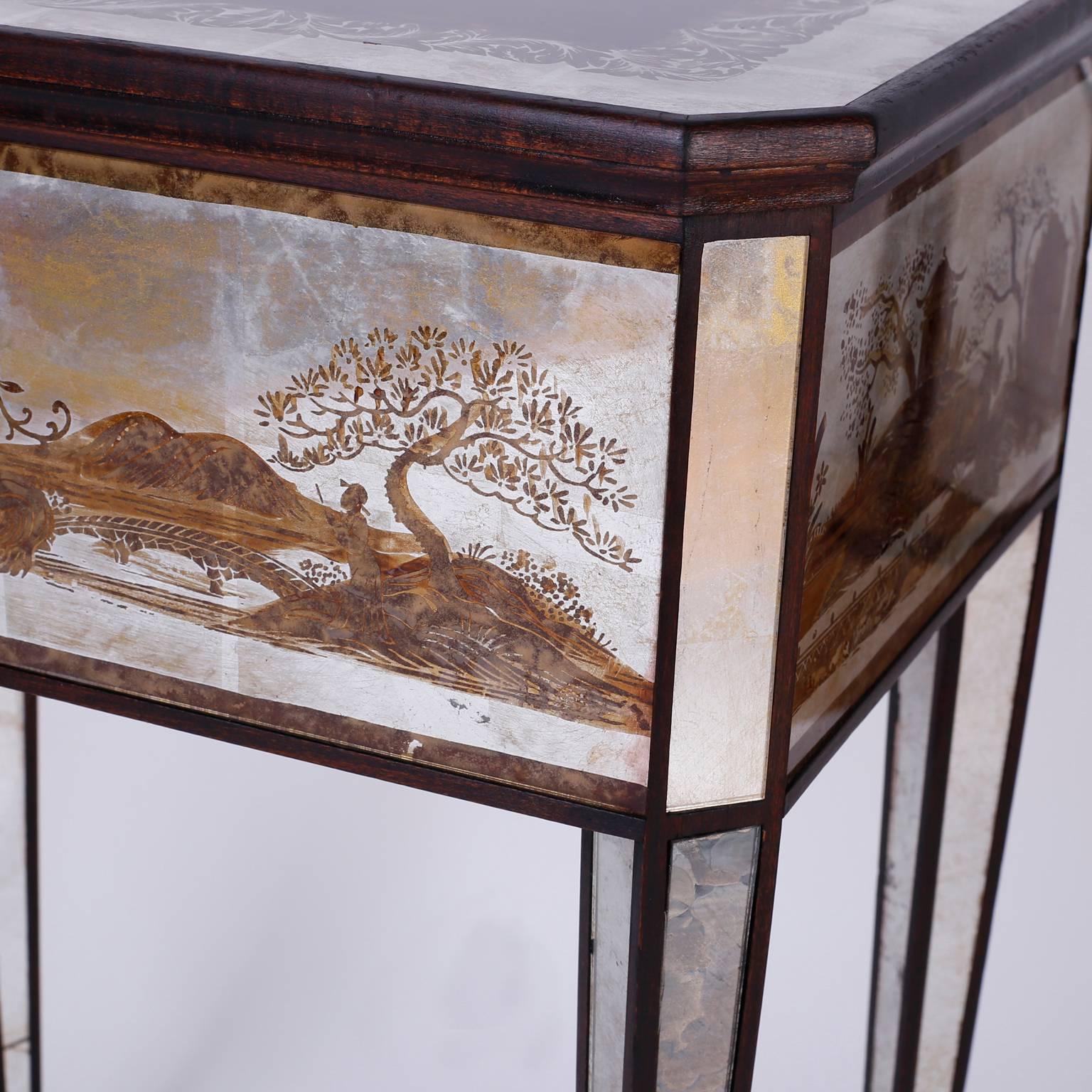 Pair of Italian Mirrored Nightstands or End Tables with a Chinoiserie Motif 3