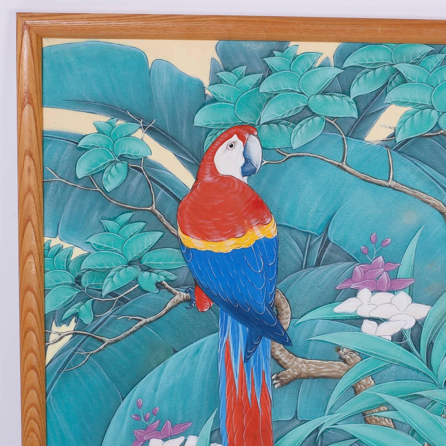 Bold, colorful painting of three parrots in their natural habitat. Expertly painted on linen with acrylics and presented in an oak frame. Signed indistinctly in the lower right.