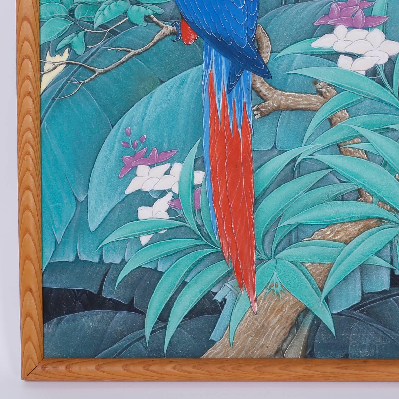 Mid-Century Modern Midcentury Tropical Parrot Acrylic Painting