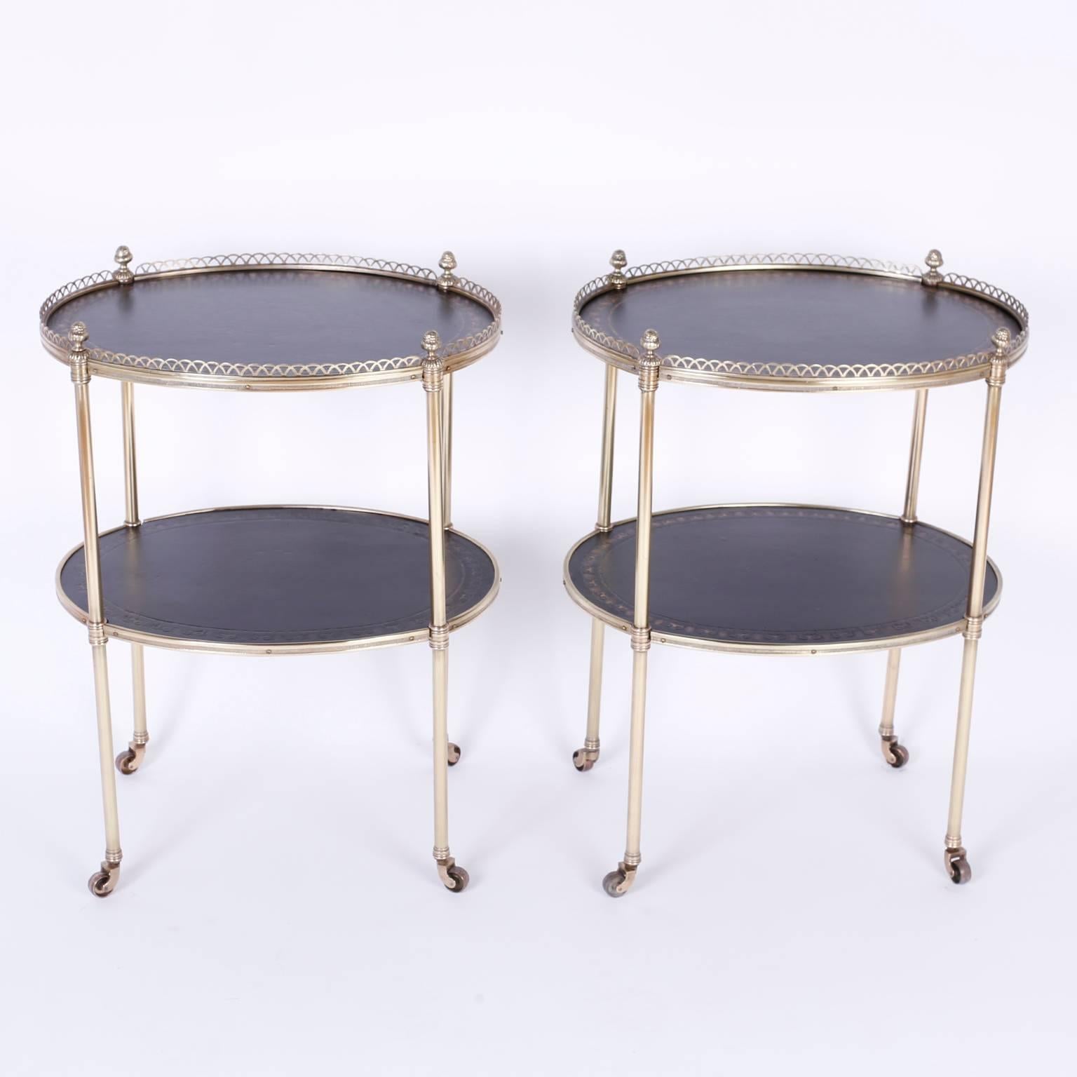 Regency Chic Pair of Midcentury Brass Serving Carts or End Tables