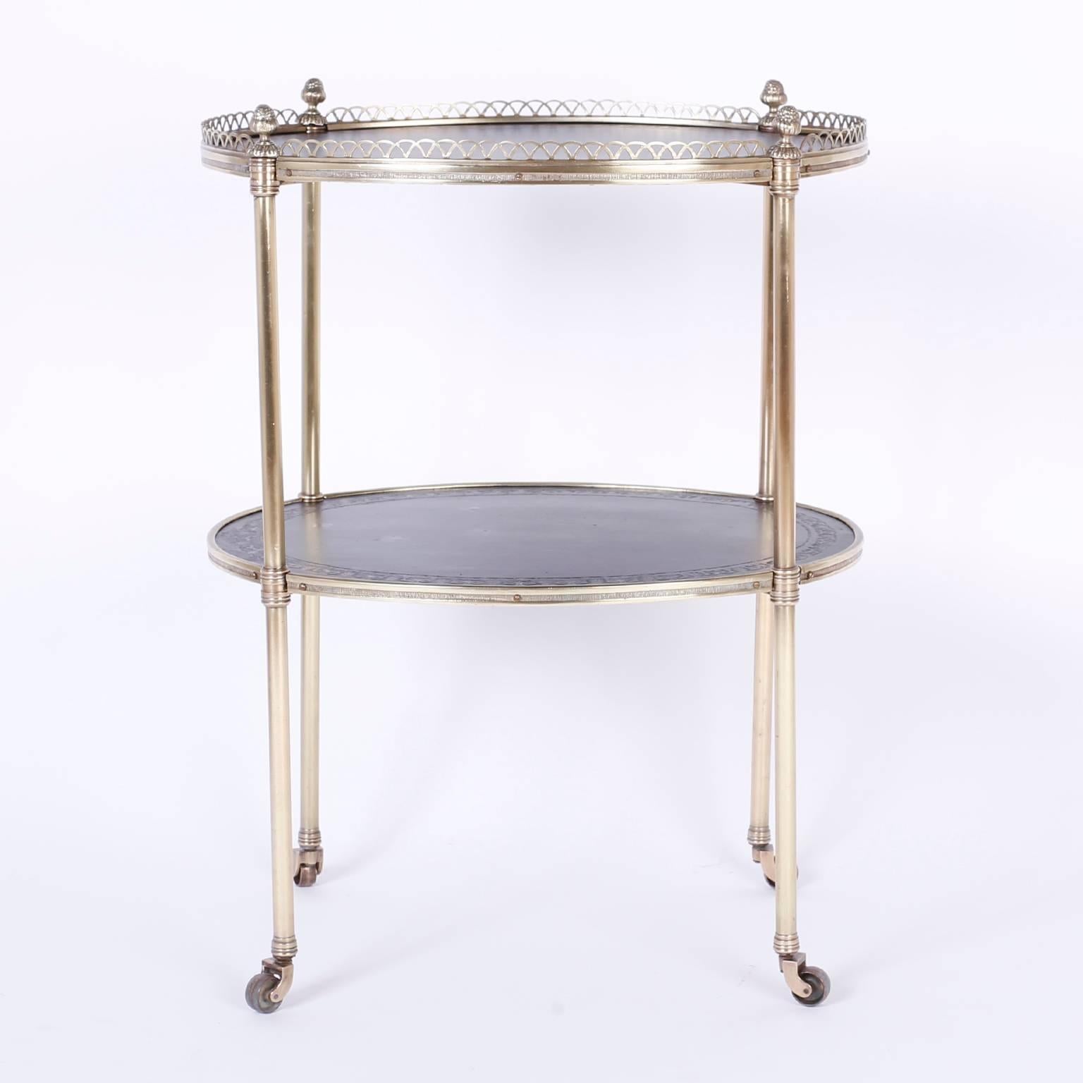 French Chic Pair of Midcentury Brass Serving Carts or End Tables