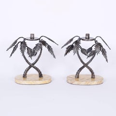 Mid-Century Pair of Silvered Metal Palm Tree Candleholders