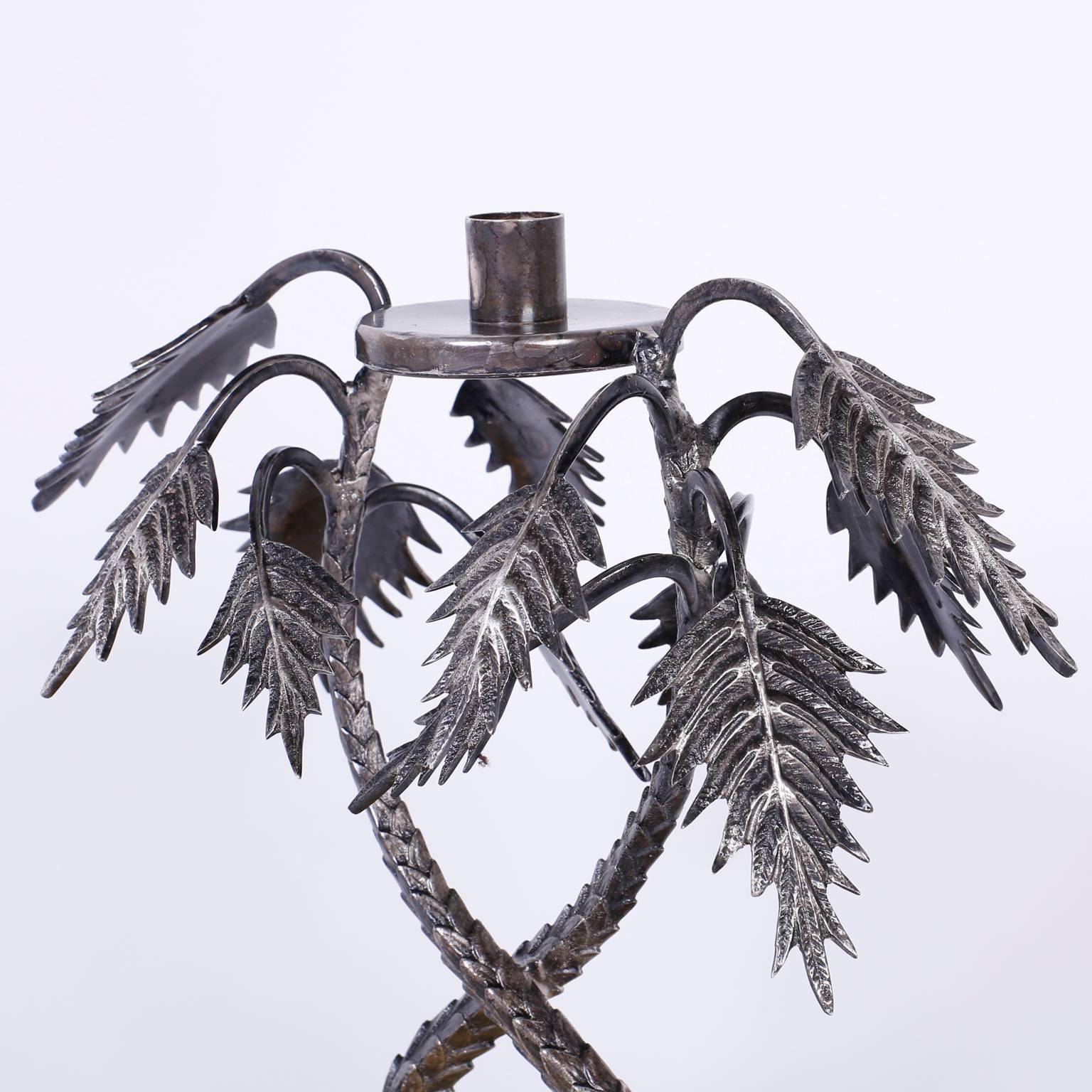 Colombian Mid-Century Pair of Silvered Metal Palm Tree Candleholders