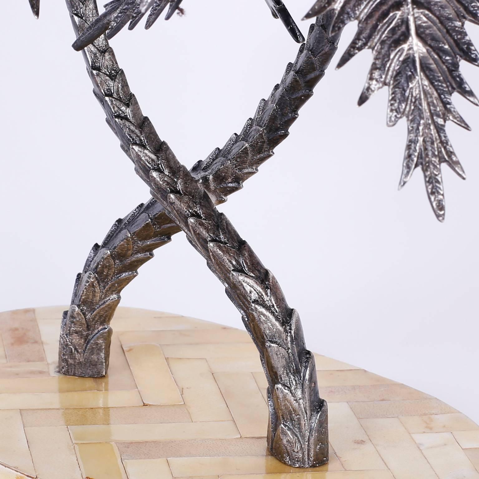 Mid-Century Pair of Silvered Metal Palm Tree Candleholders In Good Condition In Palm Beach, FL