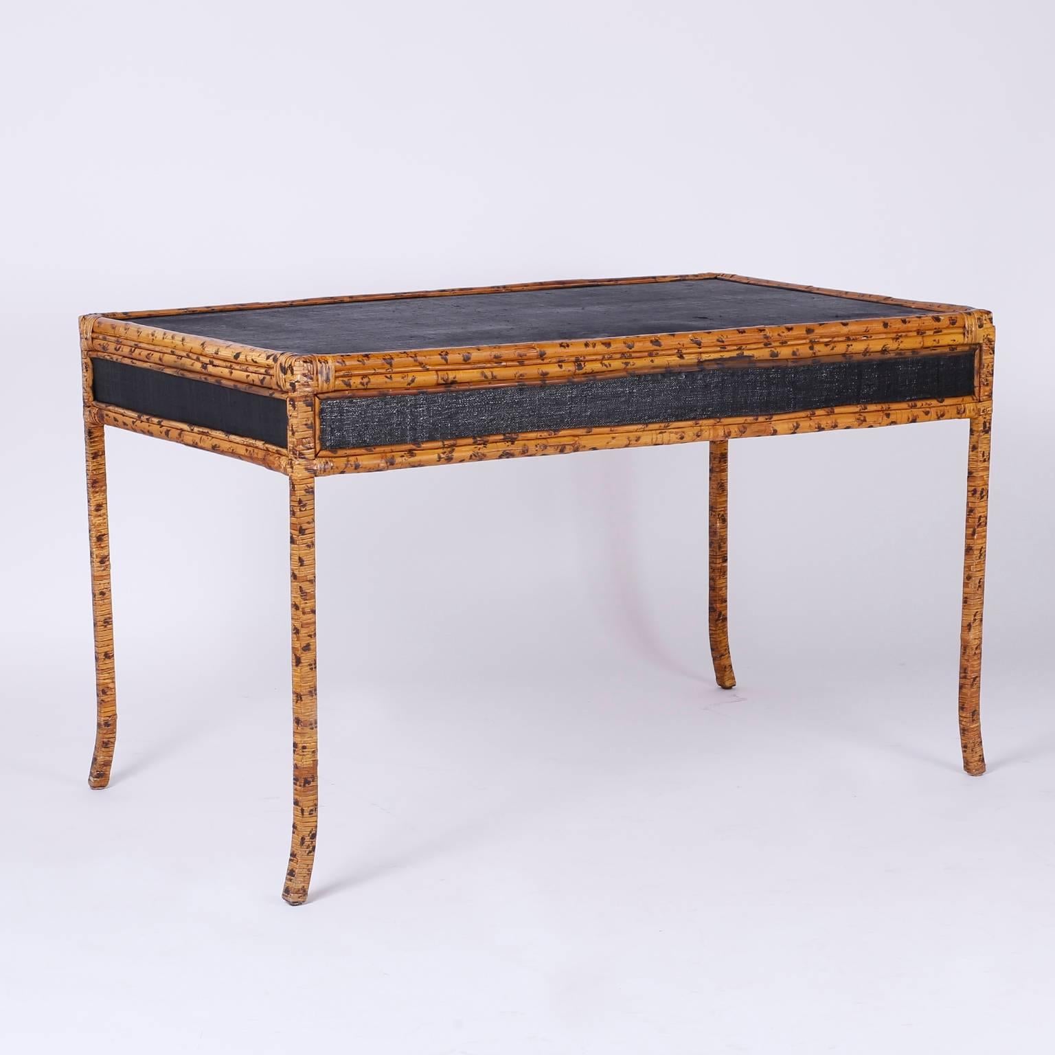 British Colonial Style Midcentury Faux Bamboo and Grasscloth Desk In Excellent Condition In Palm Beach, FL