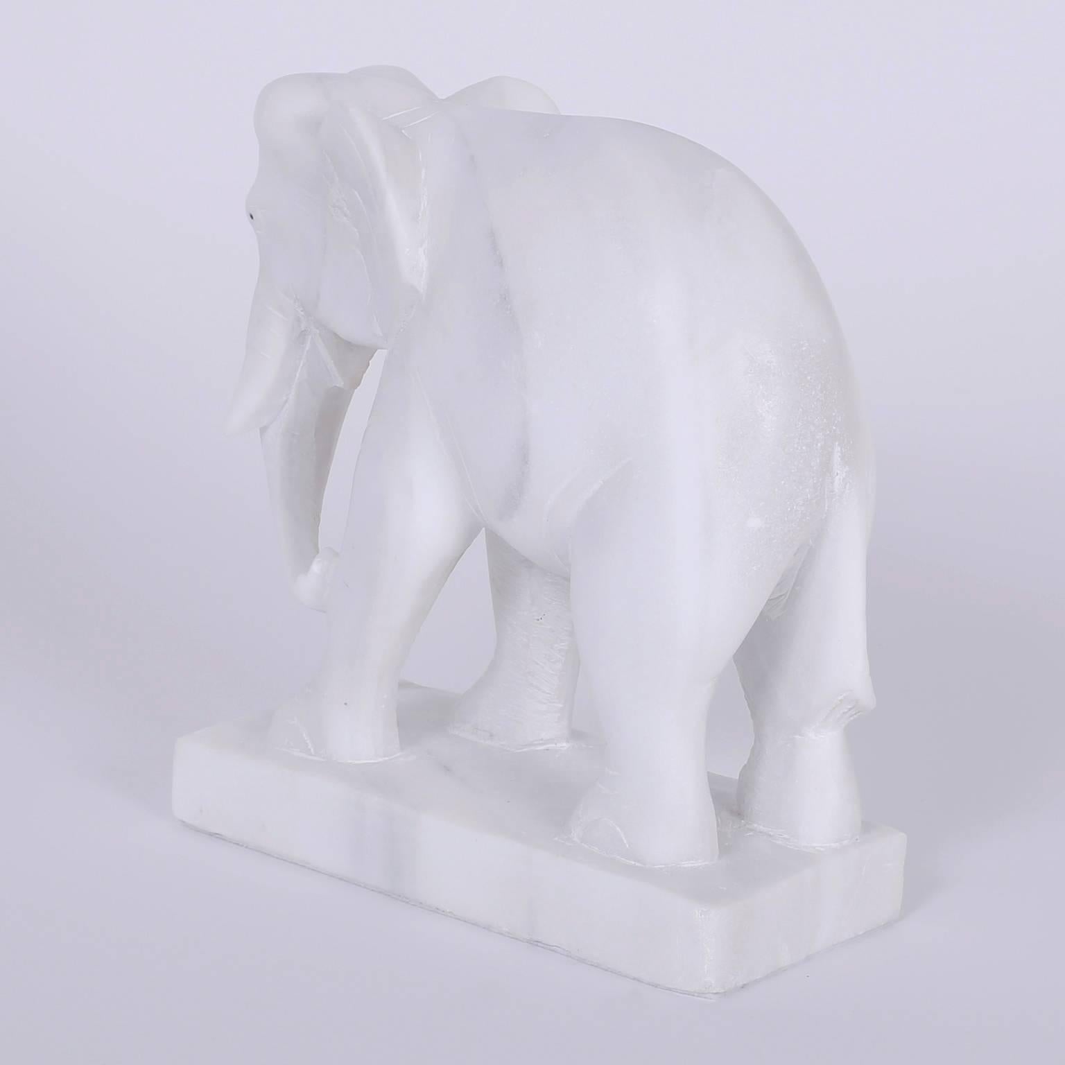 Pair of Anglo Indian Alabaster Elephant Sculptures or Bookends In Excellent Condition In Palm Beach, FL