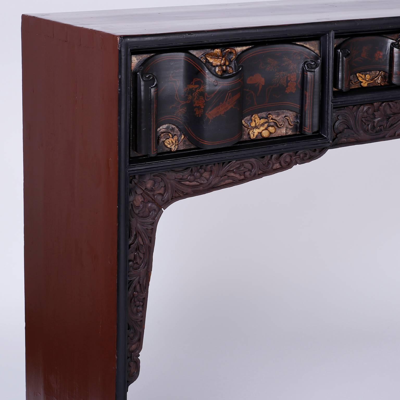 Hardwood Chinoiserie Painted Five-Drawer Console or Altar Table For Sale