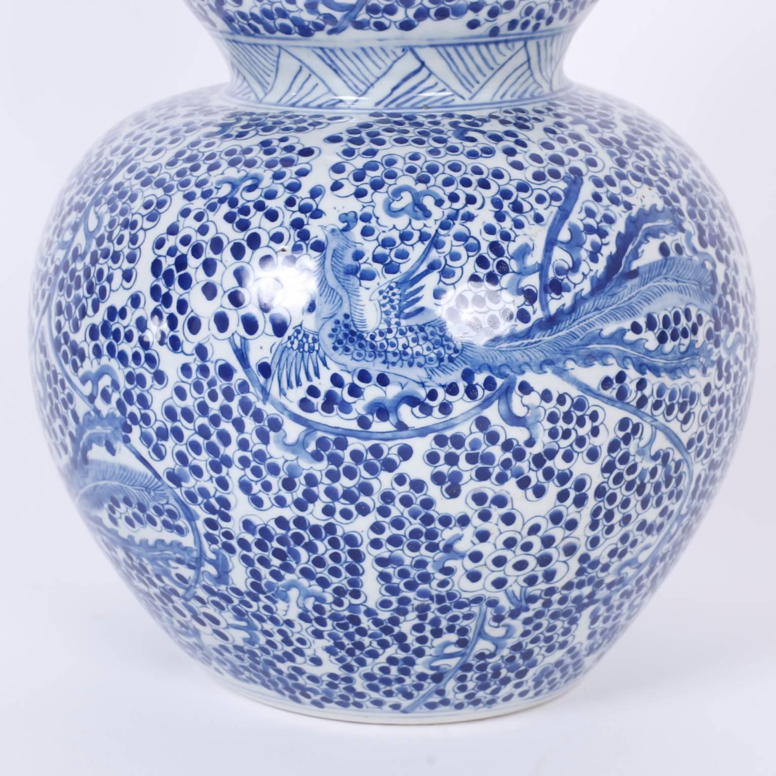 Contemporary Pair of Chinese Export Style Blue and White Double Gourd Blue and White Vases