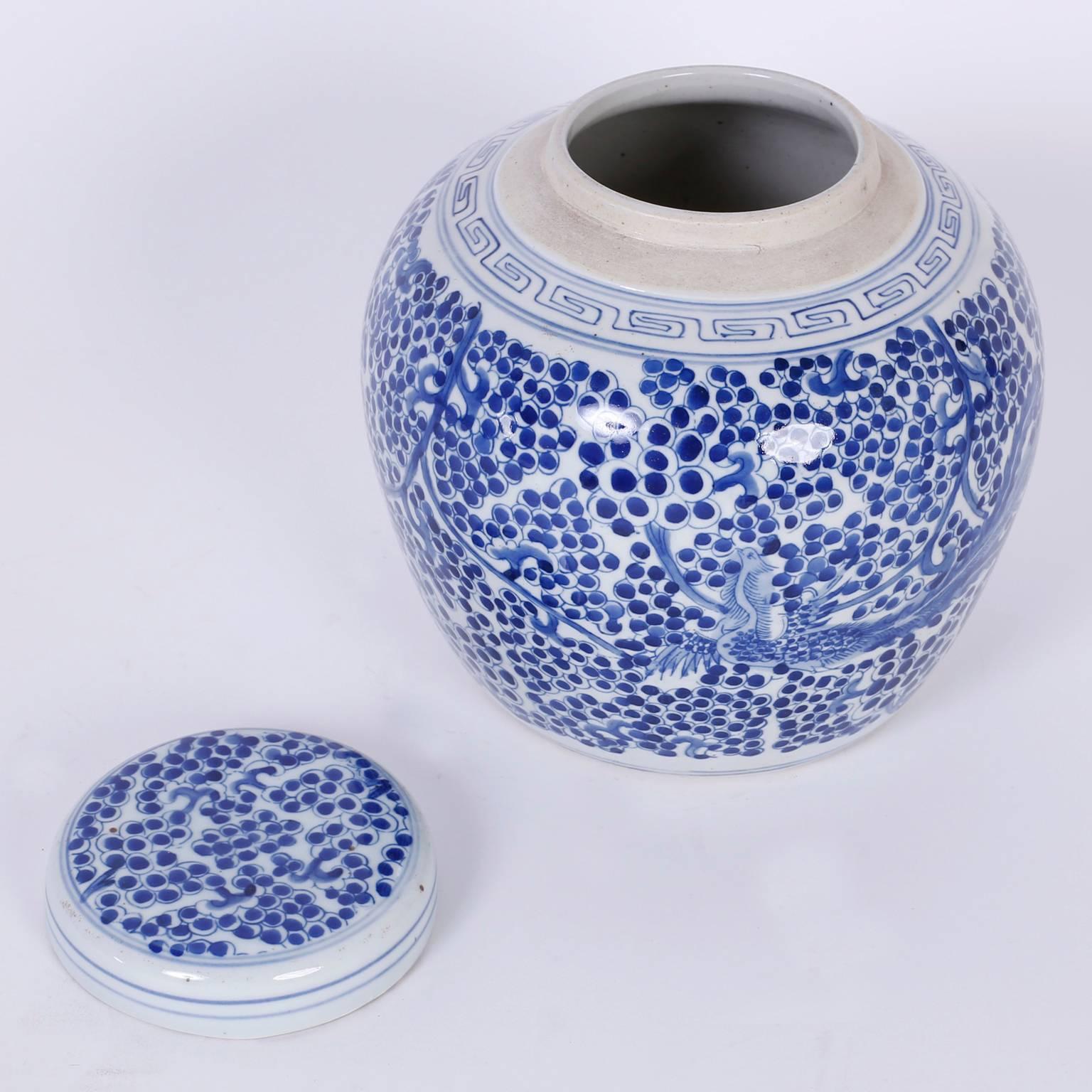 Contemporary Pair of Chinese Export Style Blue and White Porcelain Ginger Jars